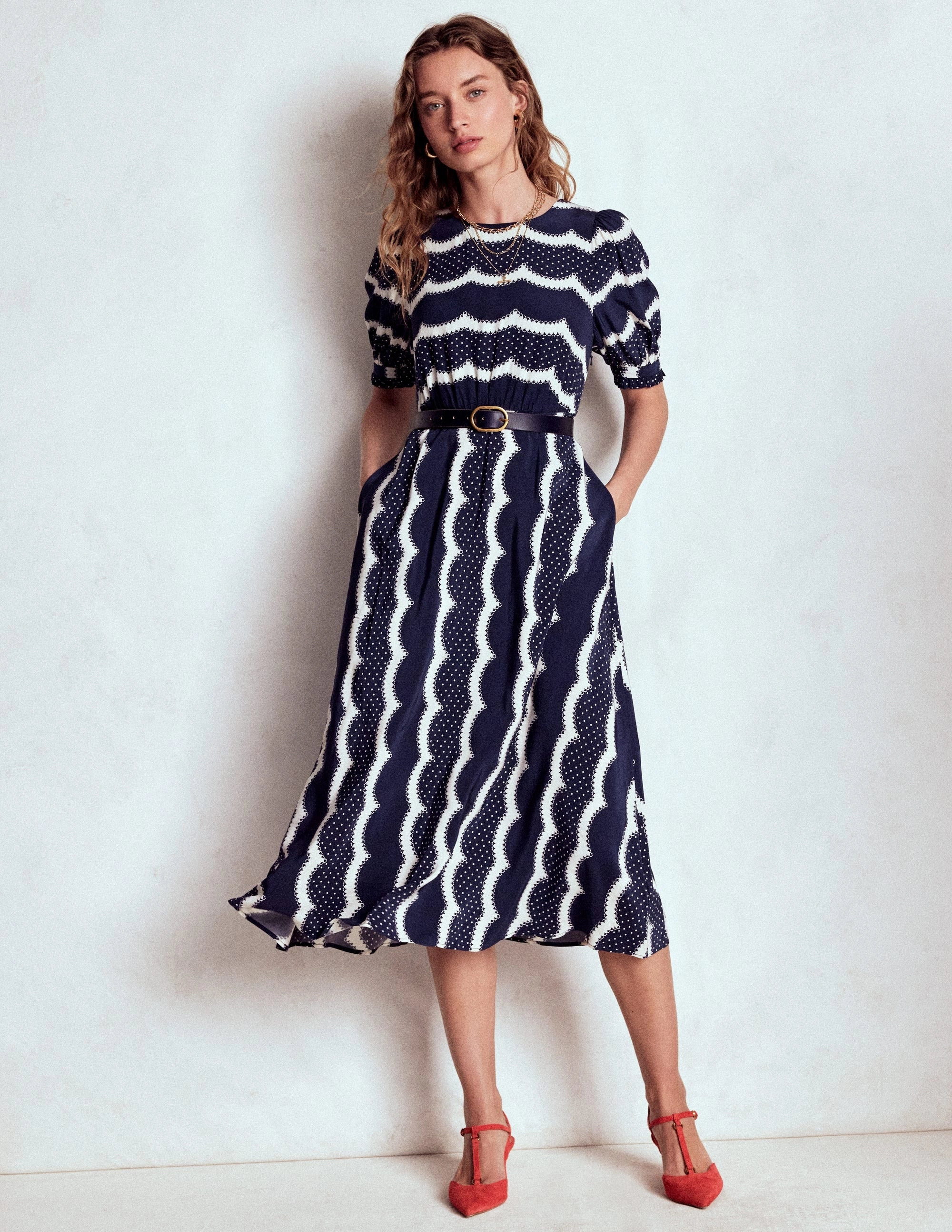 Blanca Midi Tea Dress-French Navy, Dainty Scallop Easy Lovely