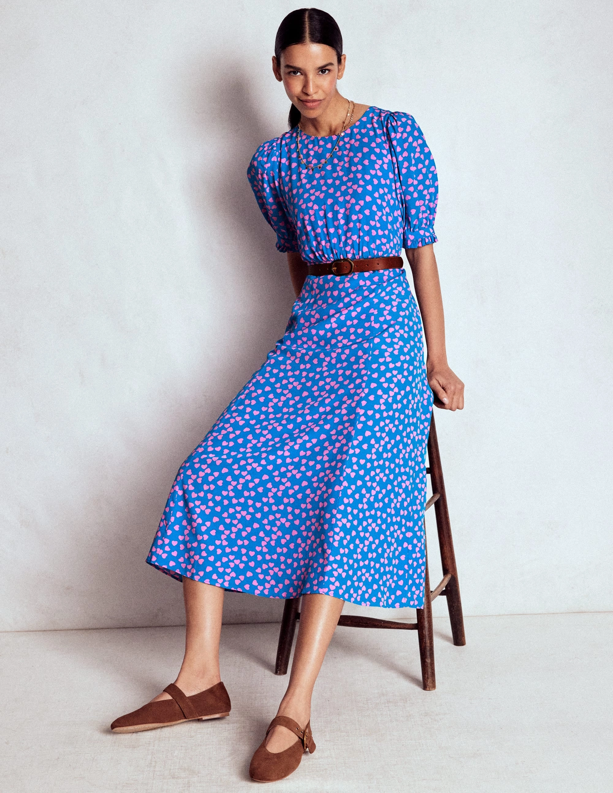 Lightweight warm-weather dress Travel Edge Blanca Midi Tea Dress-Kingfisher Blue, Heart Cascade