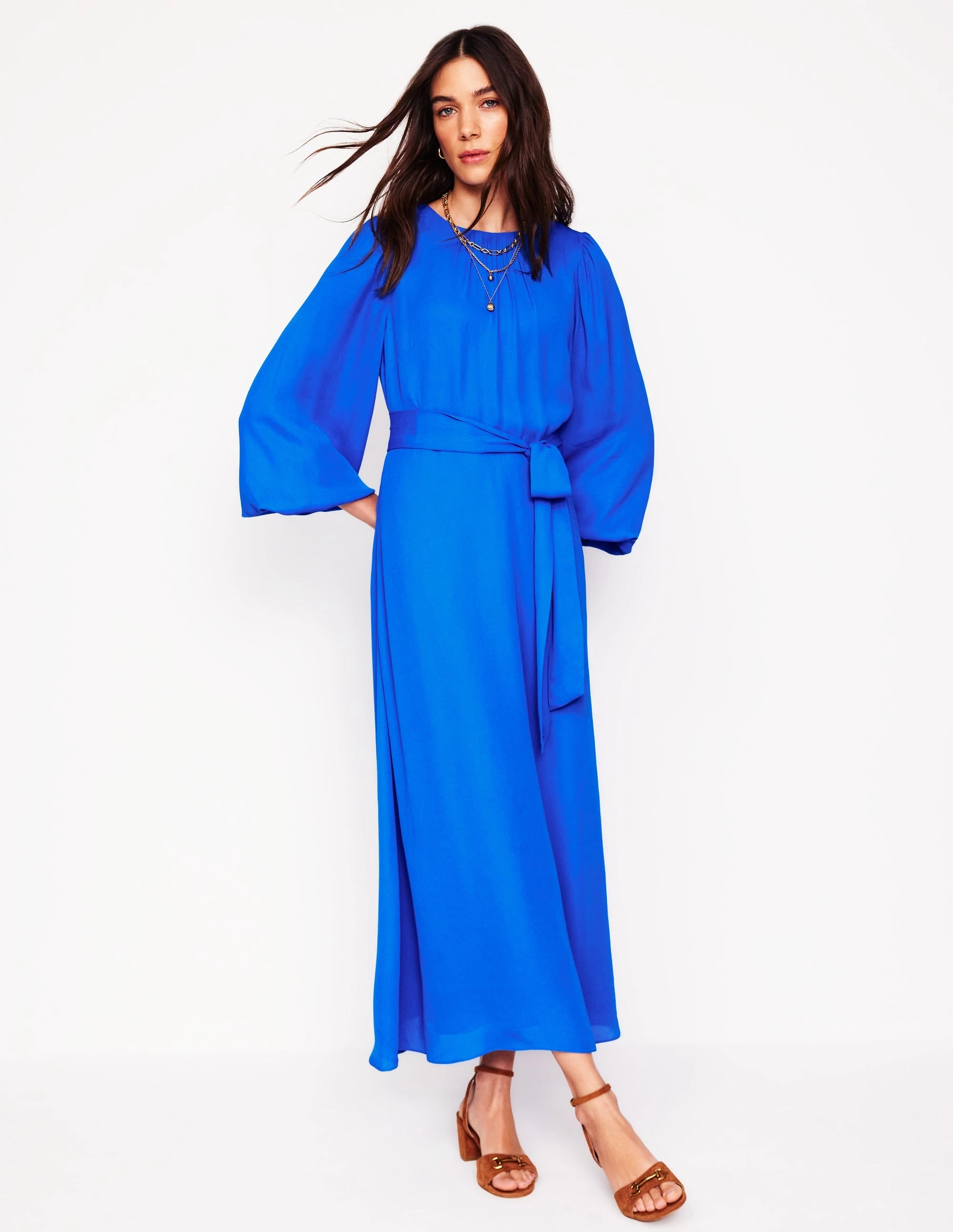 Maternity-Fit Elegant Waist Blouson Sleeve Midi Dress-Gallery Blue