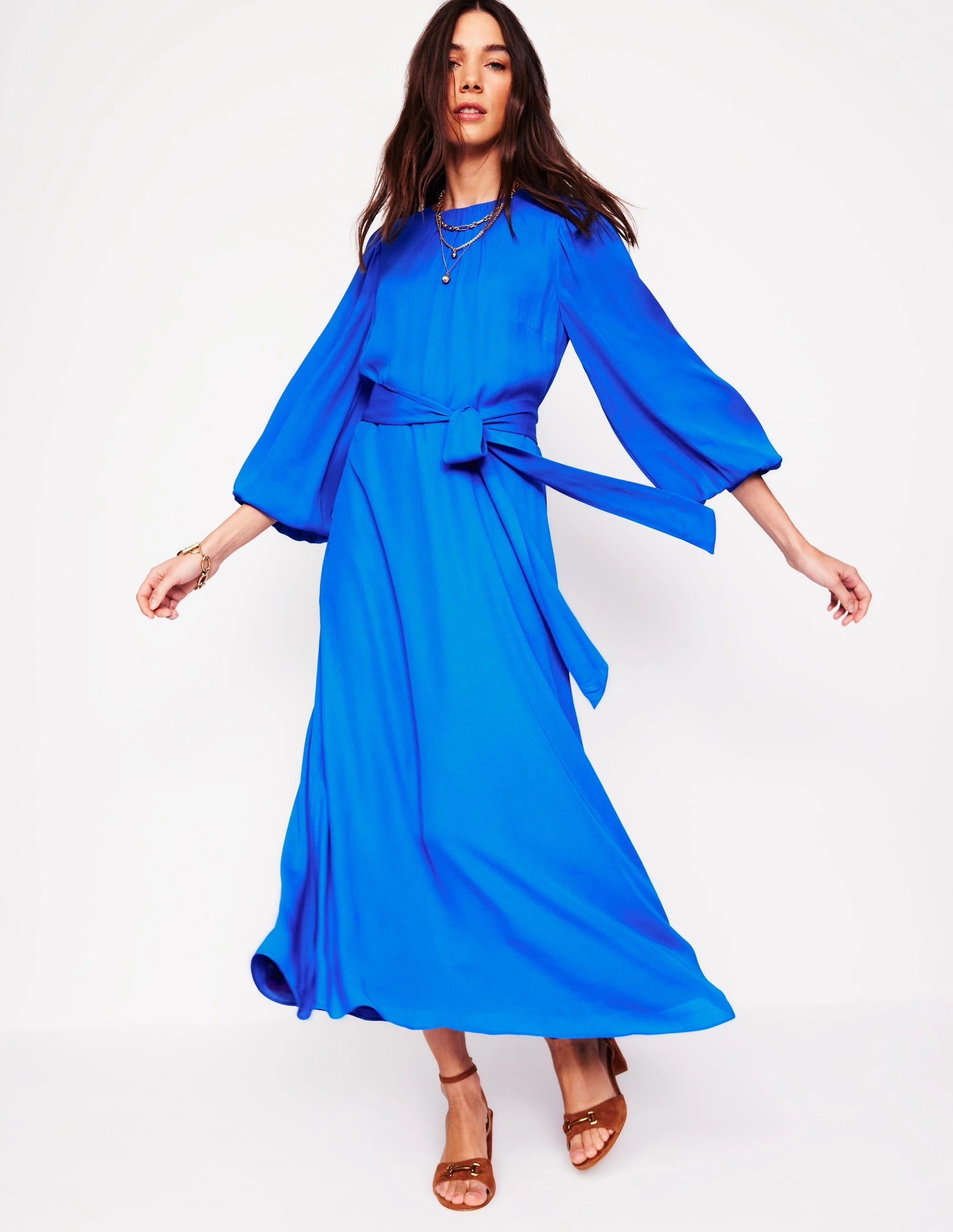 Magnetic-Closure Blouson Sleeve Midi Dress-Gallery Blue