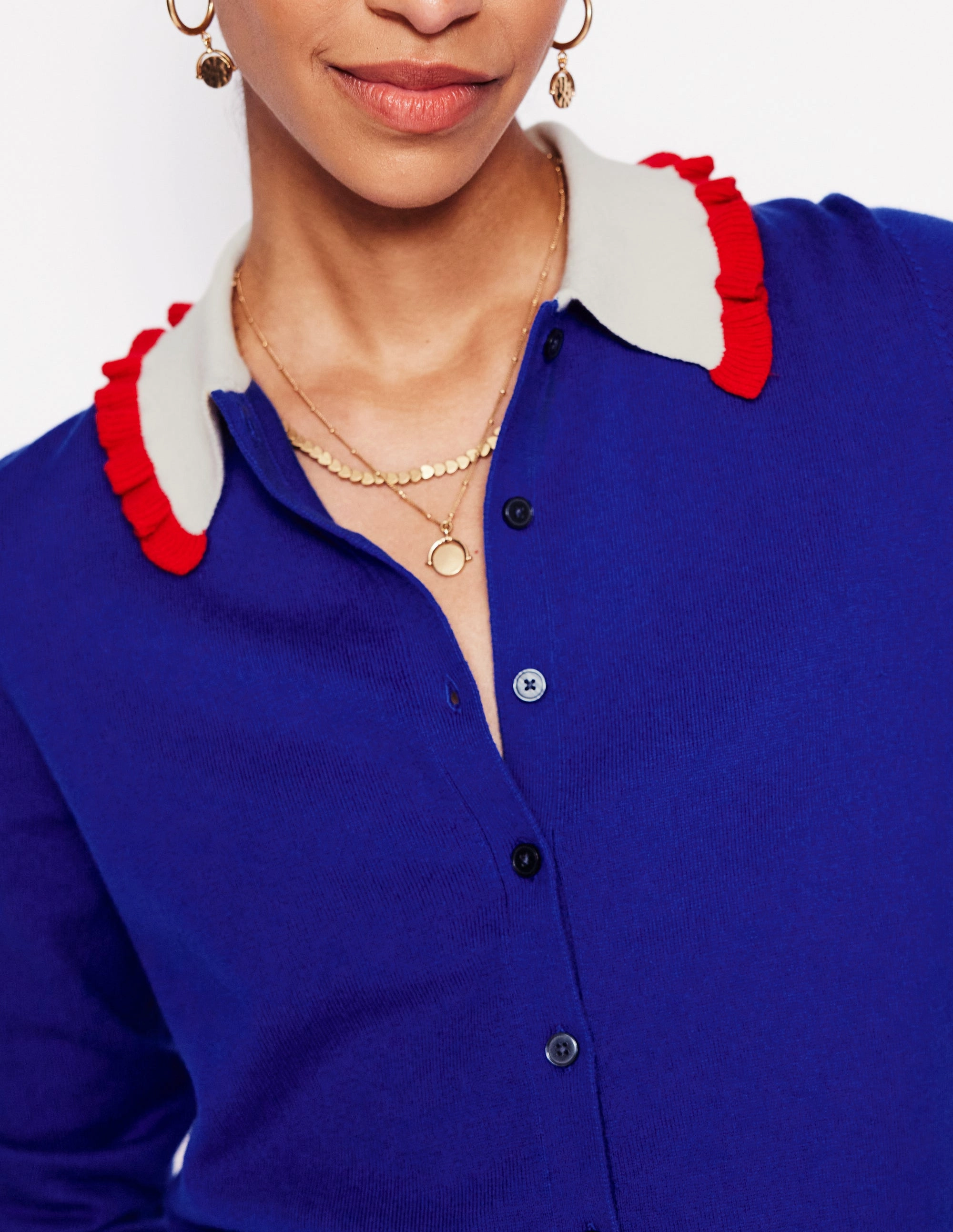 Versatile Comforted Tubular Knit Method Frilled Cotton Blend Cardigan-Bright Blue