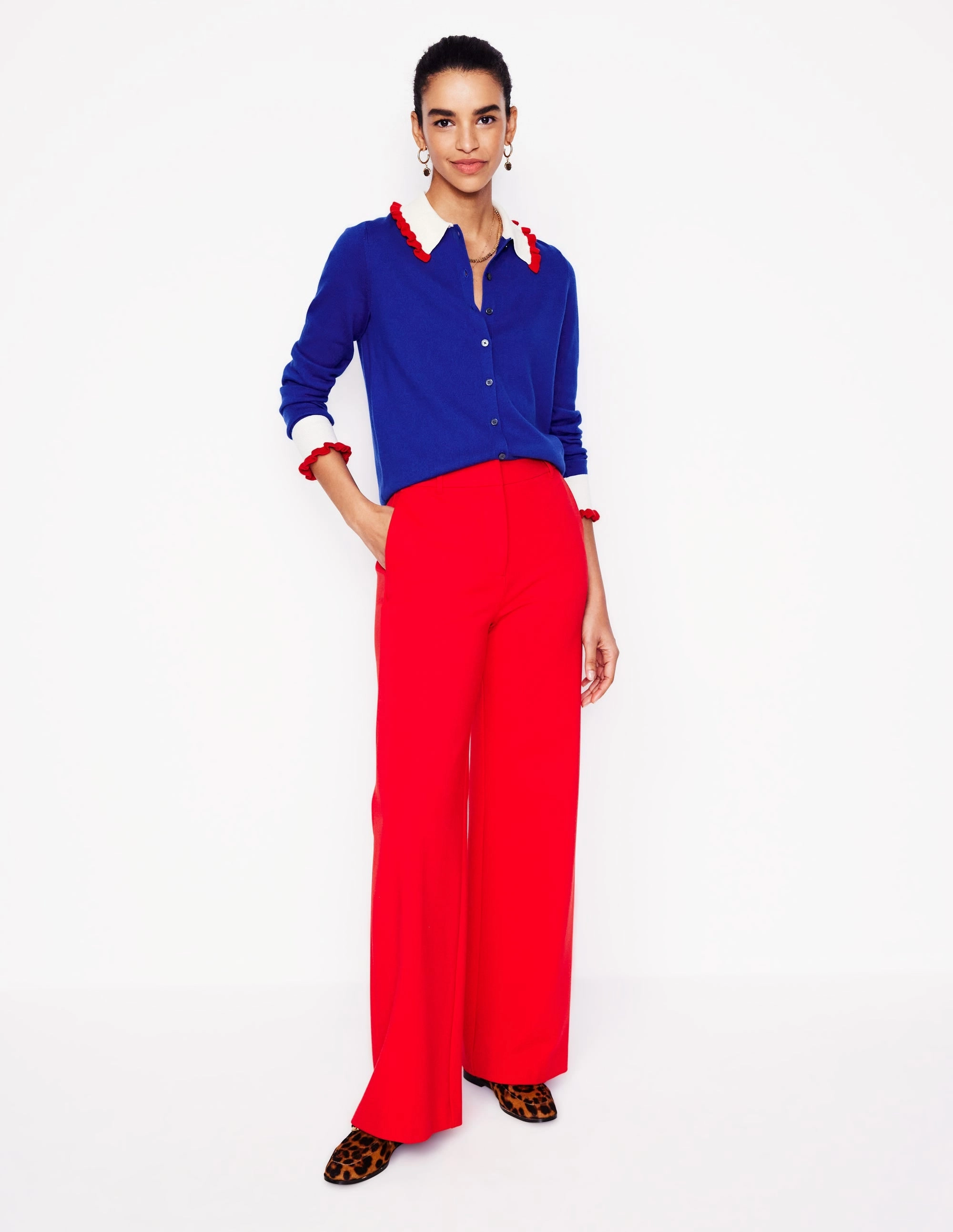 Frilled Cotton Blend Cardigan-Bright Blue Weekend Style Layered Collar Option