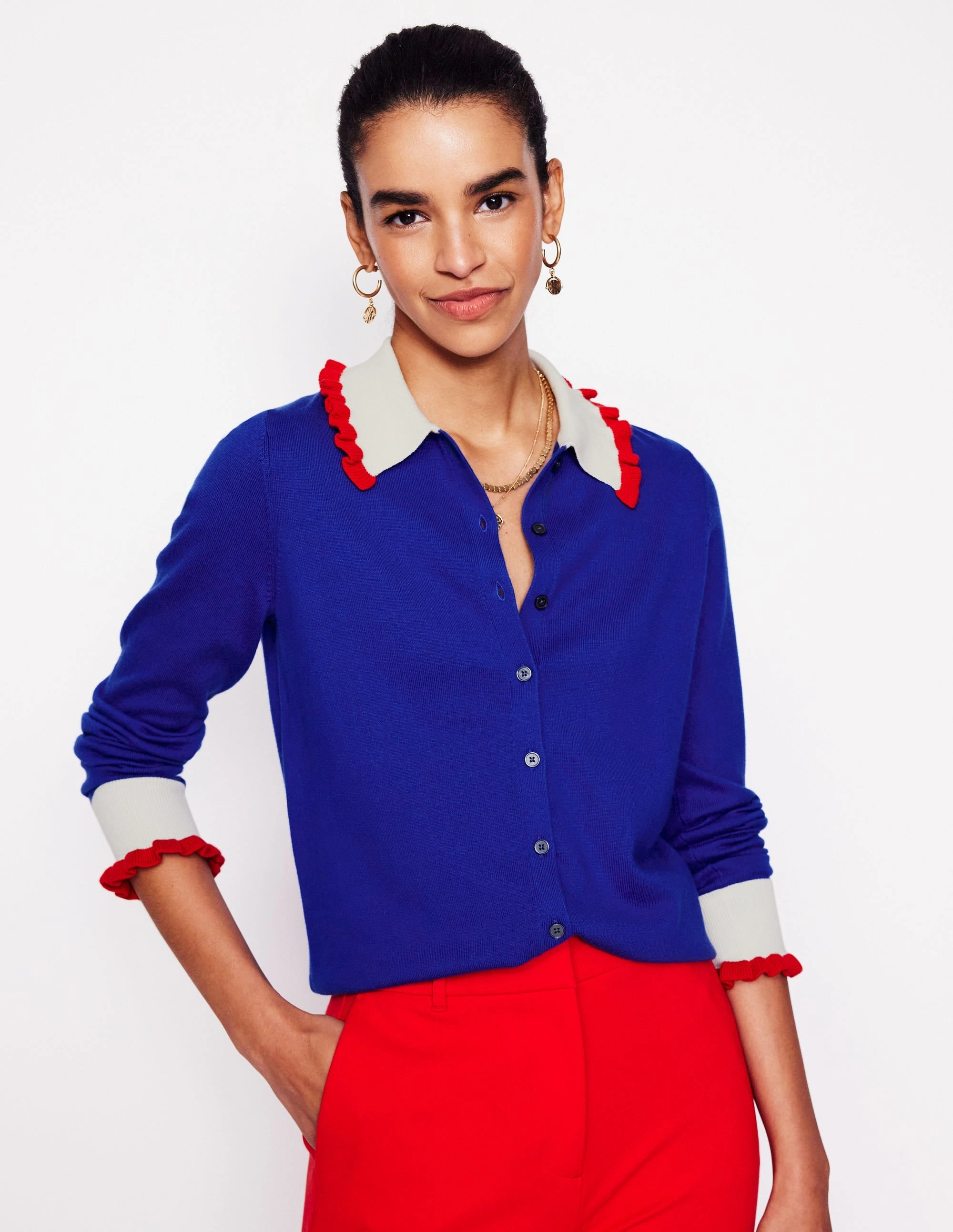 Weekend Style Easy Fit Frilled Cotton Blend Cardigan-Bright Blue