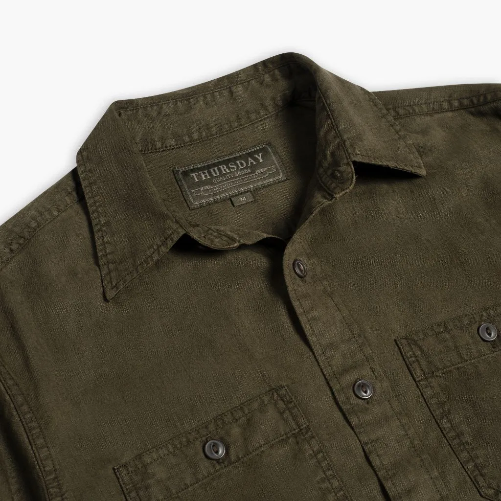 Relaxed Vibe Abrasion Resistant Edges Chambray Workshirt | Olive
