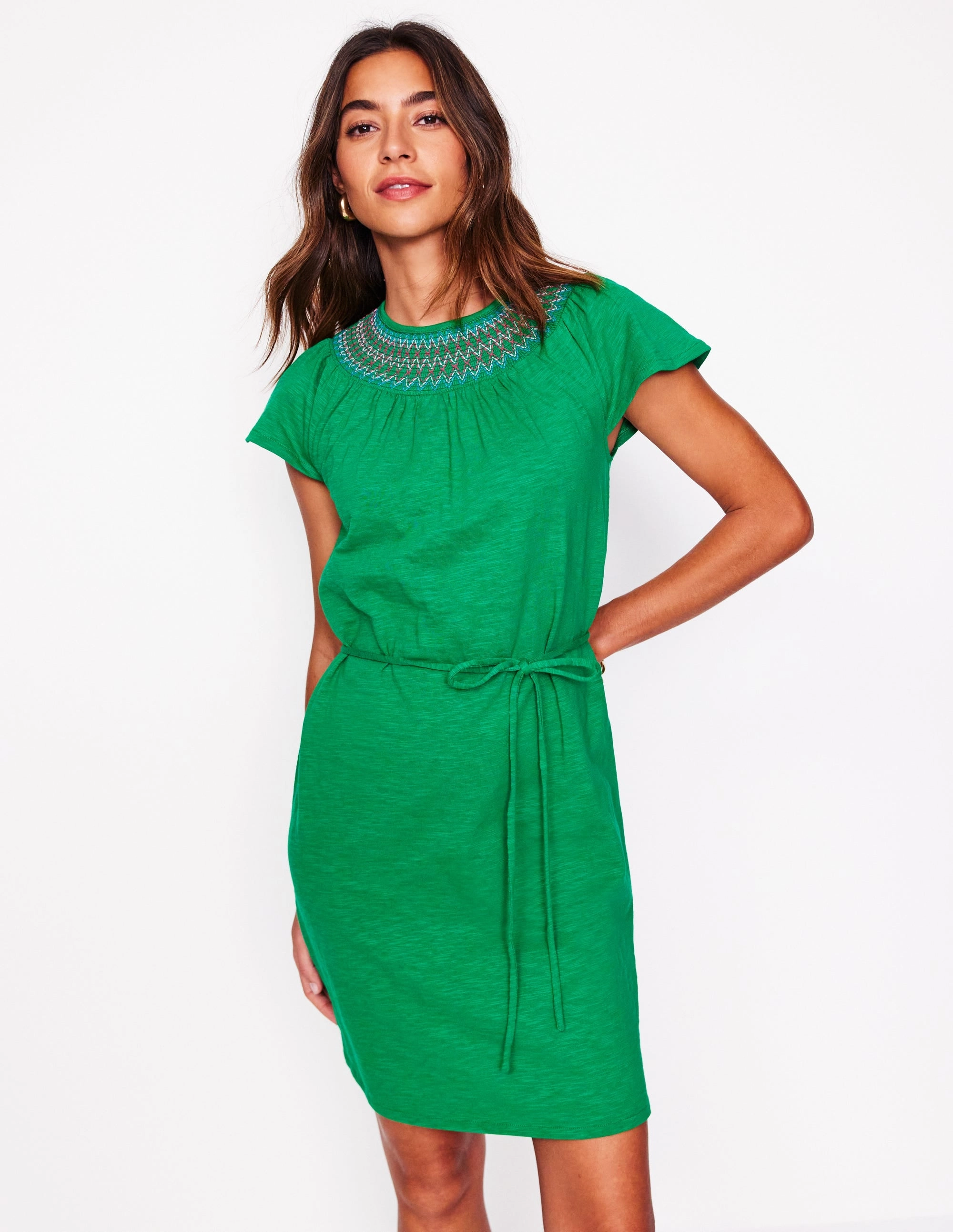 Nina Smocked T-Shirt Dress-Rich Emerald Pop Texture