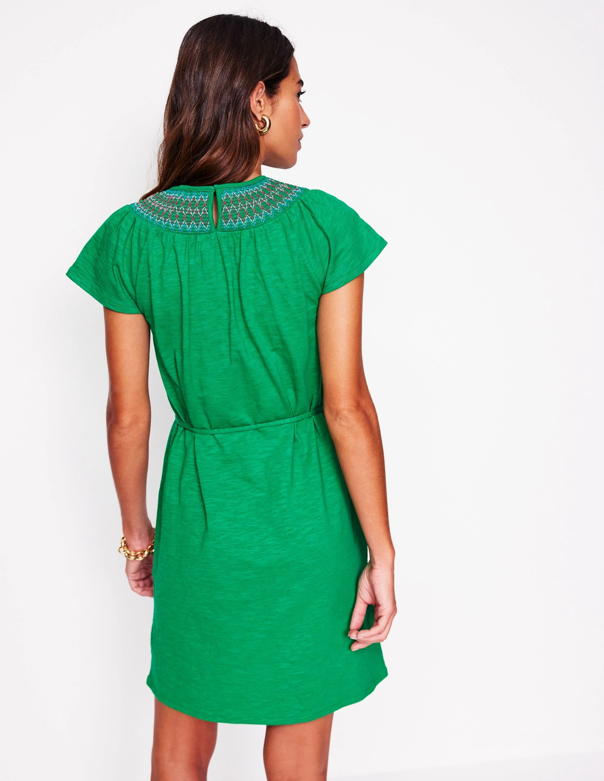Nina Smocked T-Shirt Dress-Rich Emerald Bloom Soft