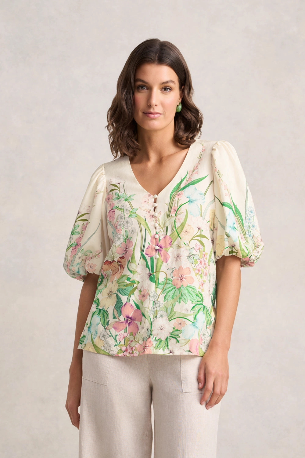 Fitted Design Border Print Blouse ?C Botanical Print