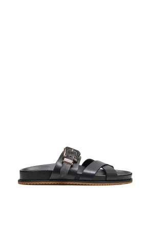 Circe Slide Sandal in Black Leather Breathable mesh