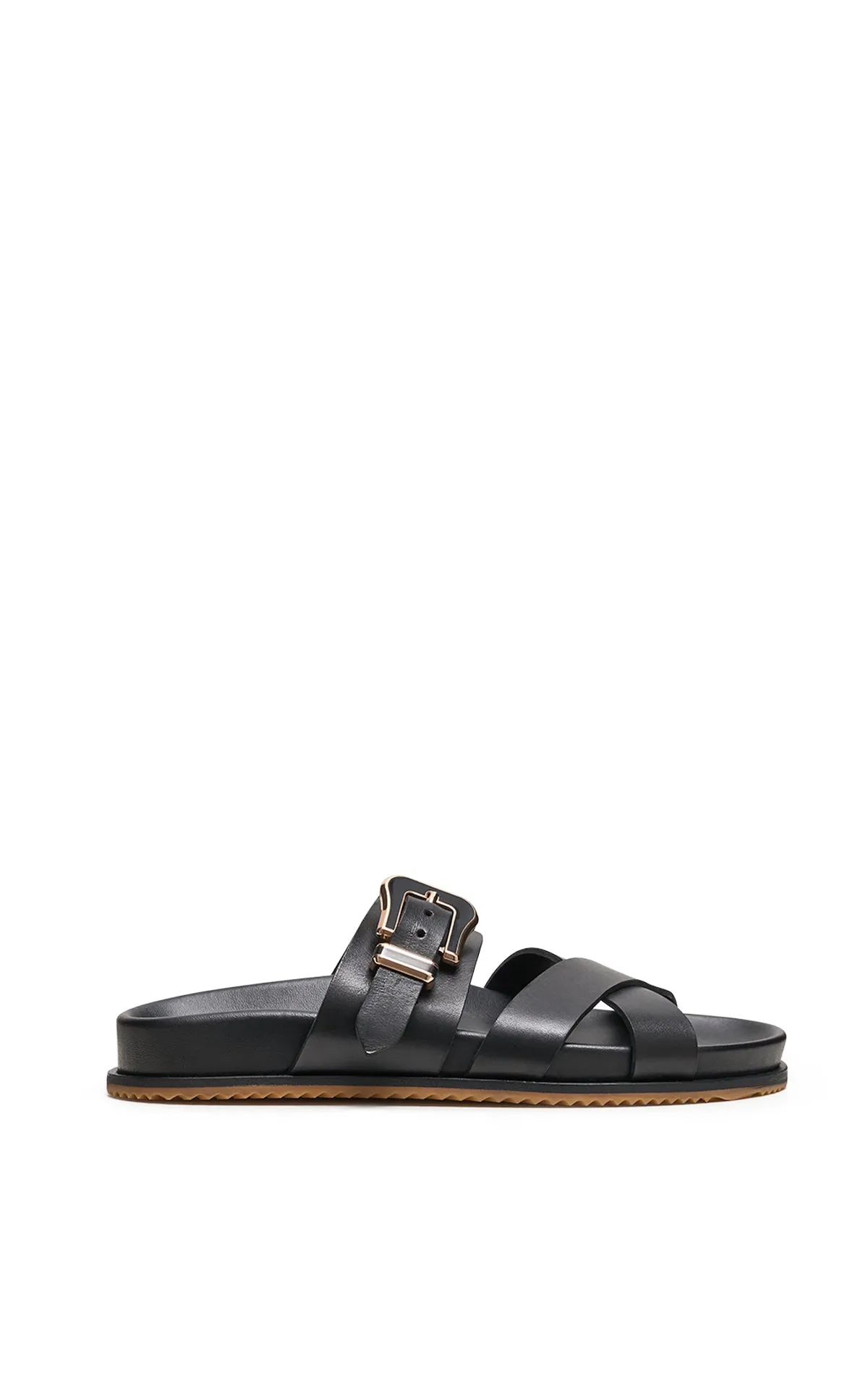 Circe Slide Sandal in Black Leather Breathable mesh