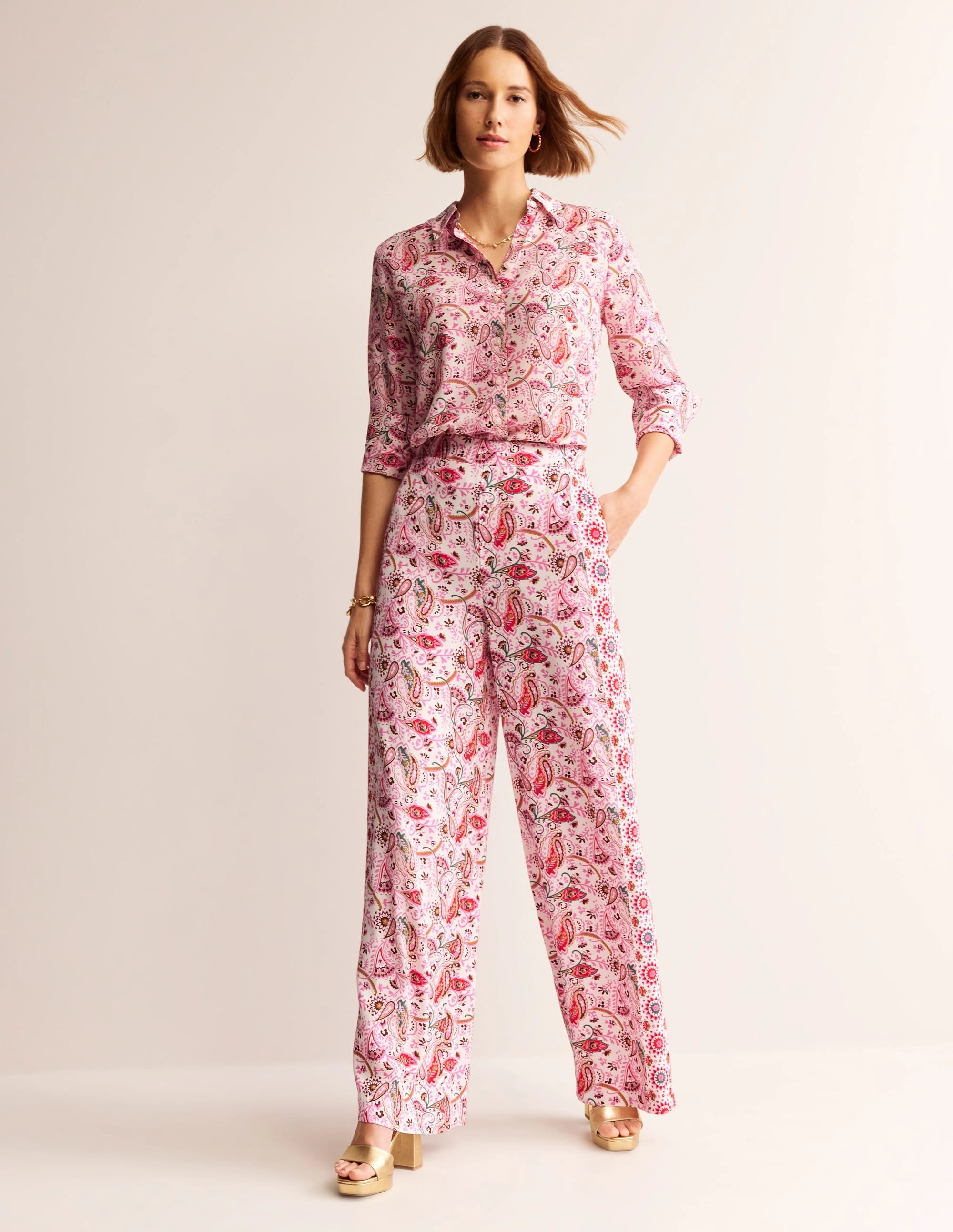 Palazzo Fluid Crepe Trousers-Multi, Floret Paisley Anti Snag Fabric