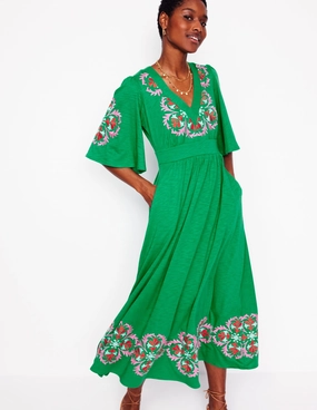 Maya Embroidered Kimono Dress-Rich Emerald, Embroidered Tailored Waistband