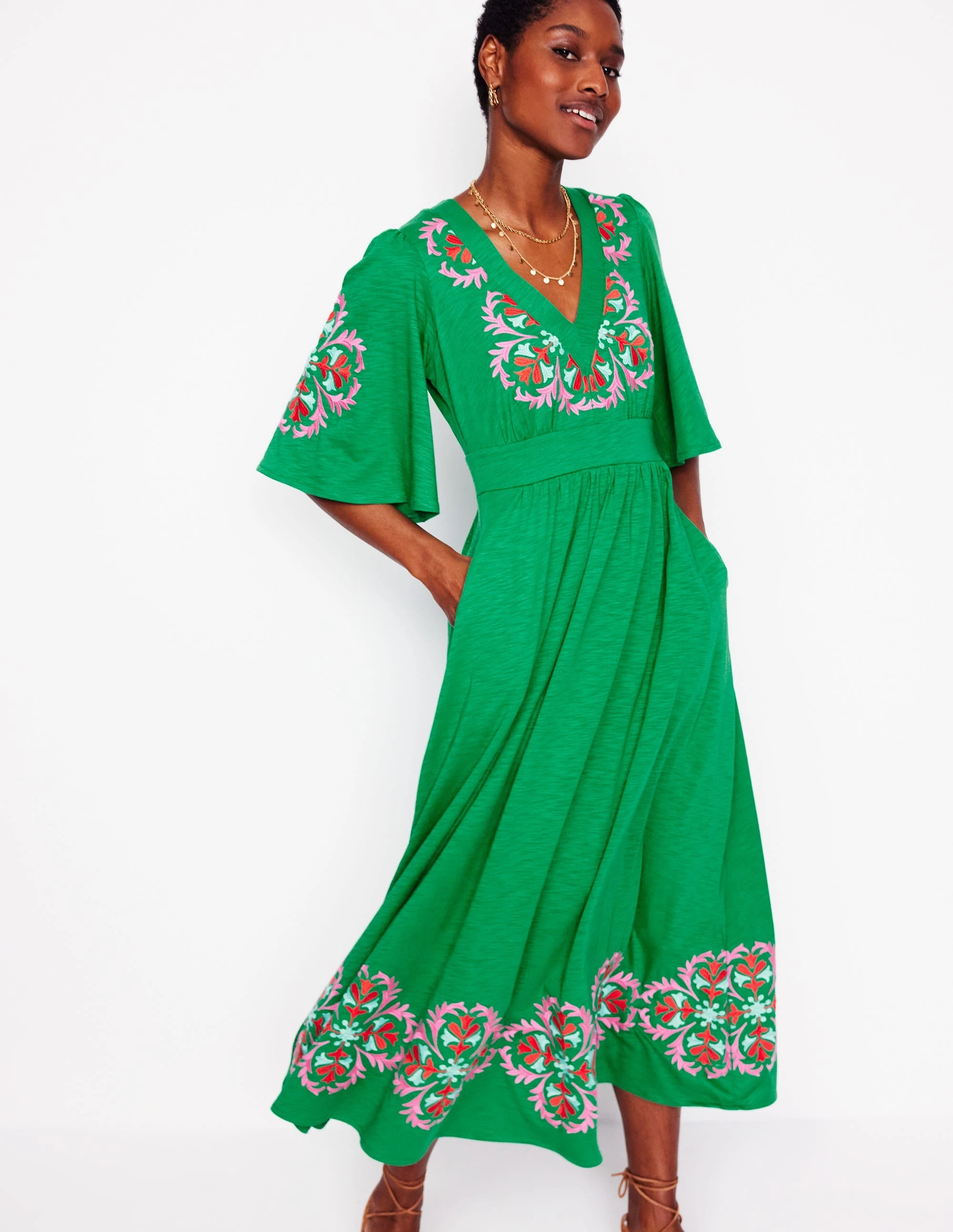 Maya Embroidered Kimono Dress-Rich Emerald, Embroidered Tailored Waistband