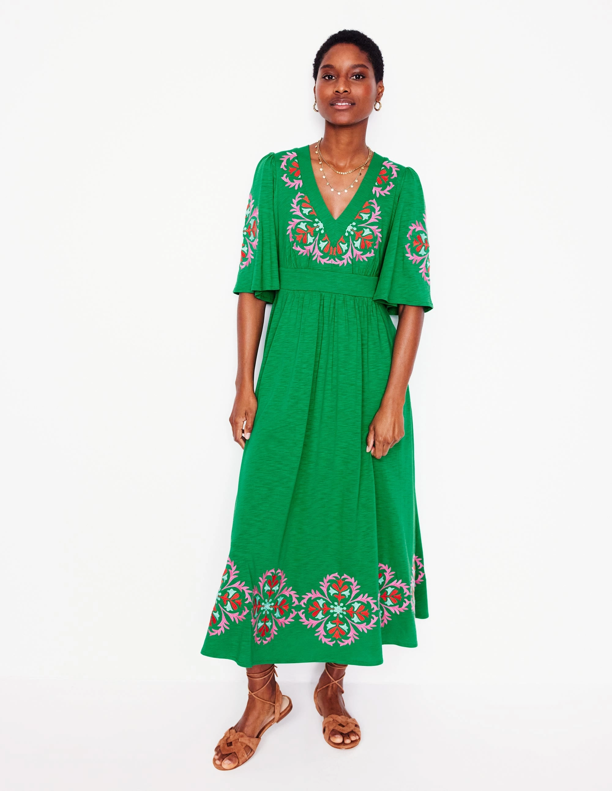 Global Style Maya Embroidered Kimono Dress-Rich Emerald, Embroidered