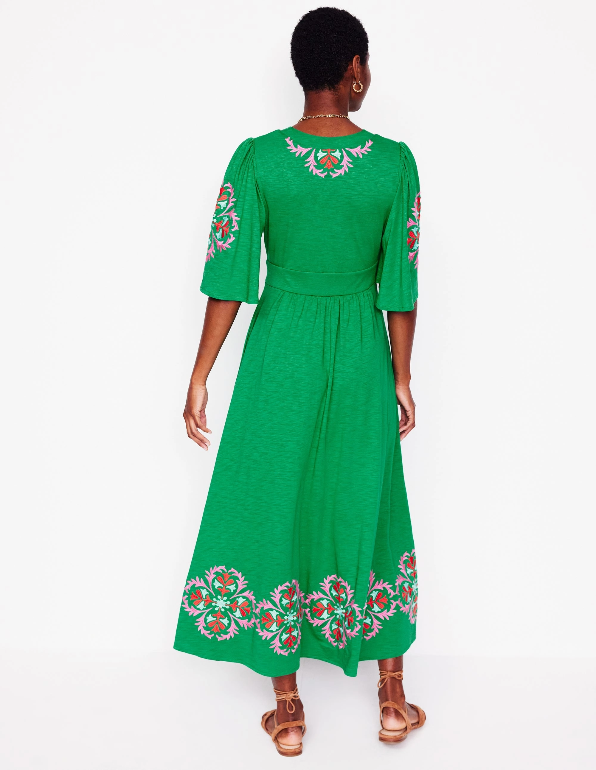 Maya Embroidered Kimono Dress-Rich Emerald, Embroidered Shore Time
