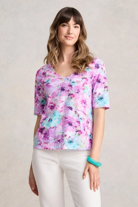 Weighted Hem Trim AntiMicrobialLining Deep V Printed T-Shirt - Jane's Bouquet