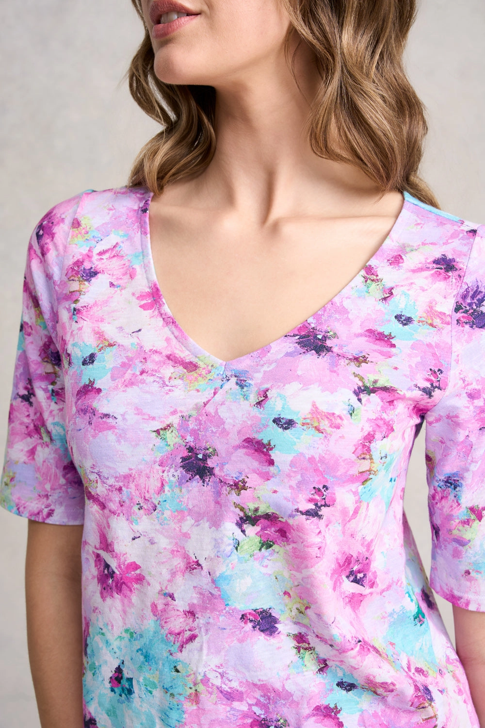 Deep V Printed T-Shirt - Jane's Bouquet Adaptive Temperature Control