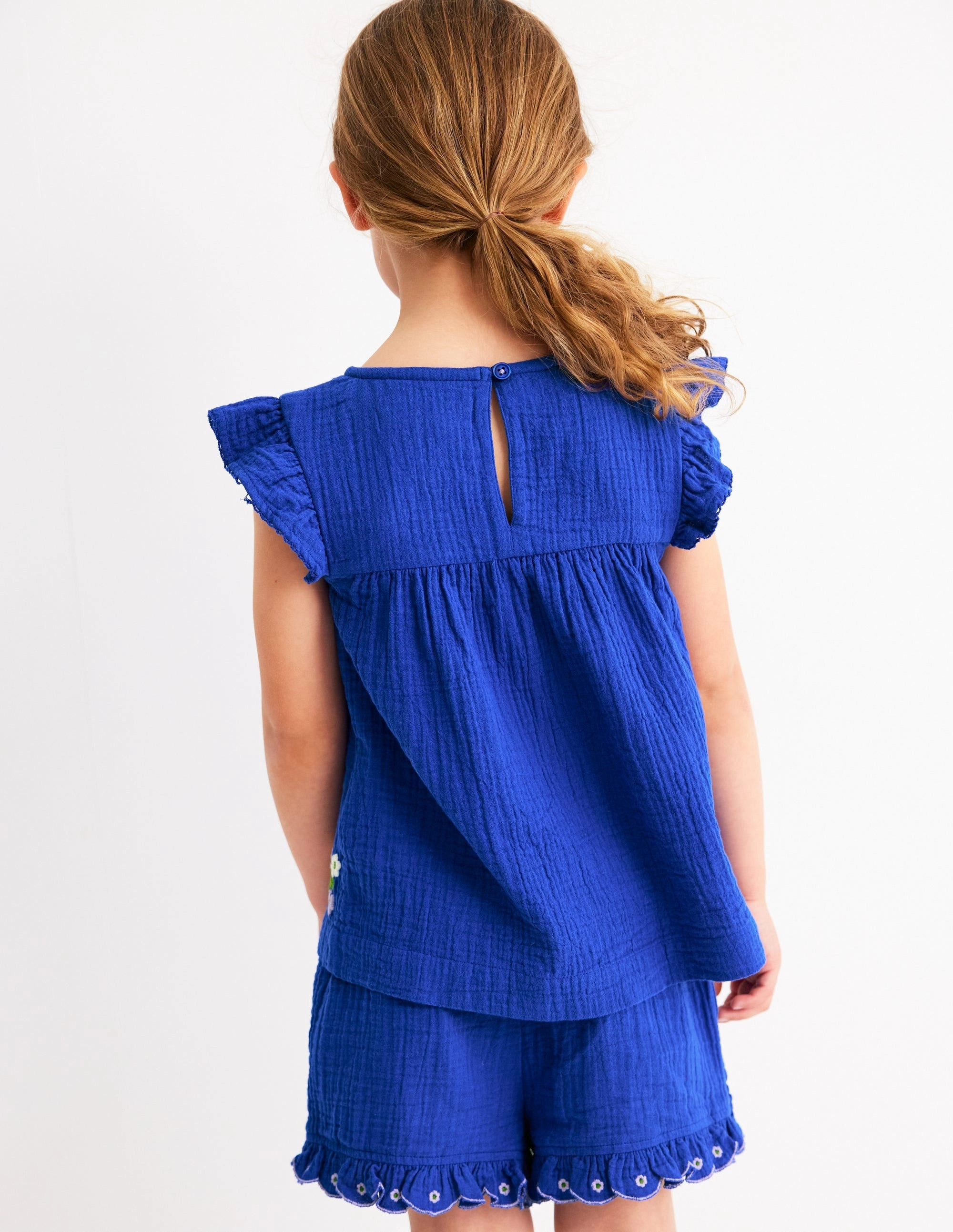 graduation Urban Fashion Look Double Cloth Frill Sleeve Top-Kingfisher Blue Embroidered
