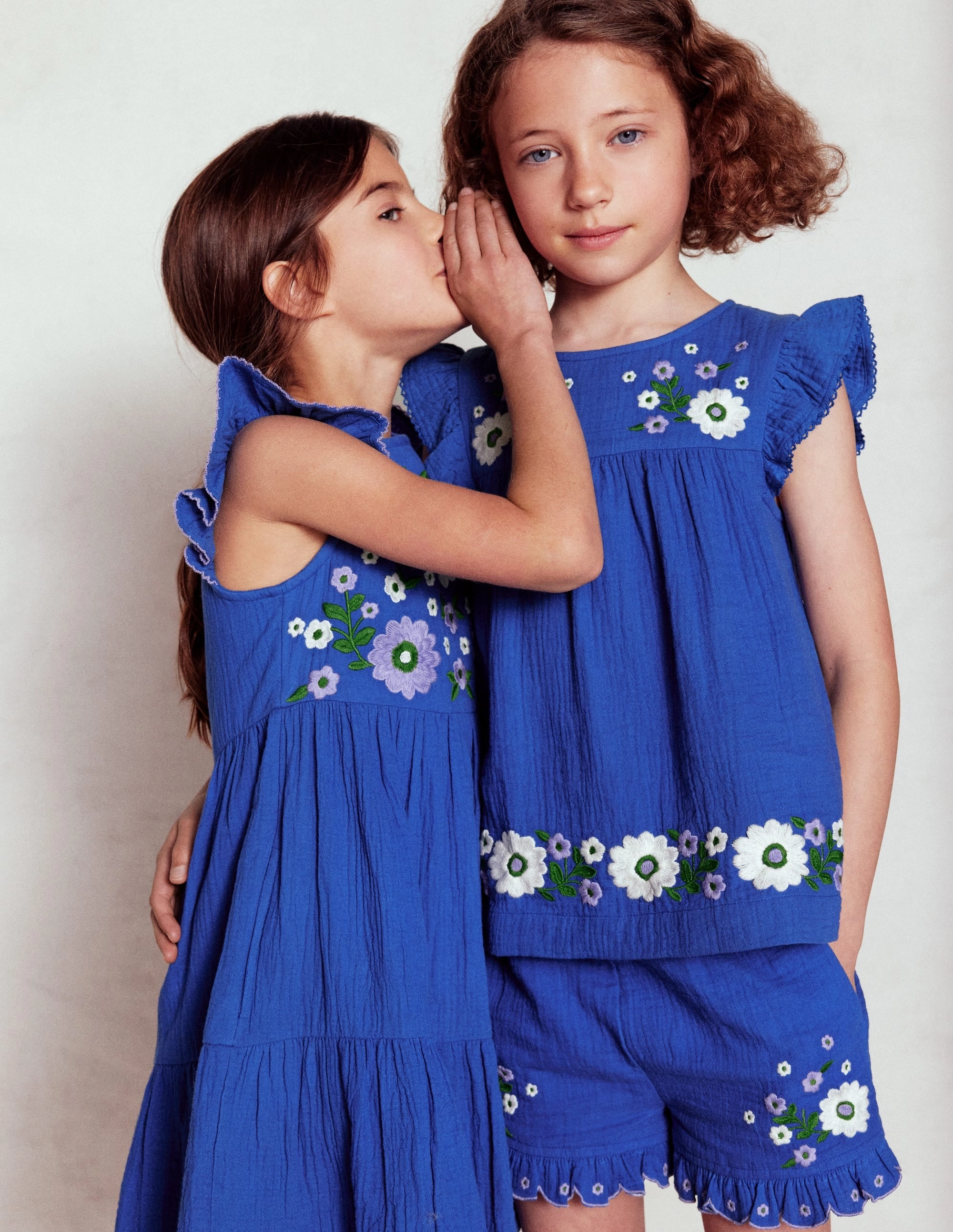 Double Cloth Frill Sleeve Top-Kingfisher Blue Embroidered Trendy Piece