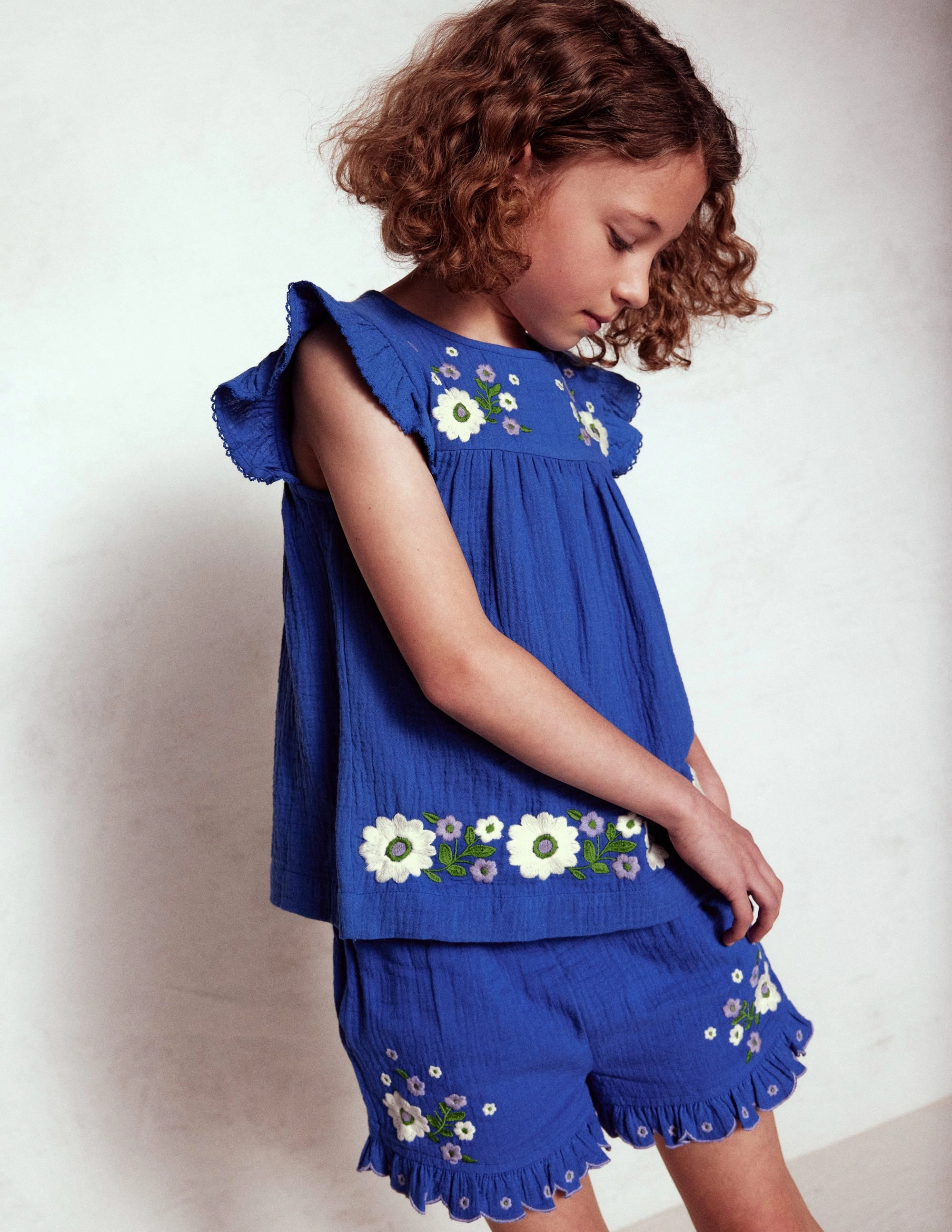 Double Cloth Frill Sleeve Top-Kingfisher Blue Embroidered Summer Style Stylish piece