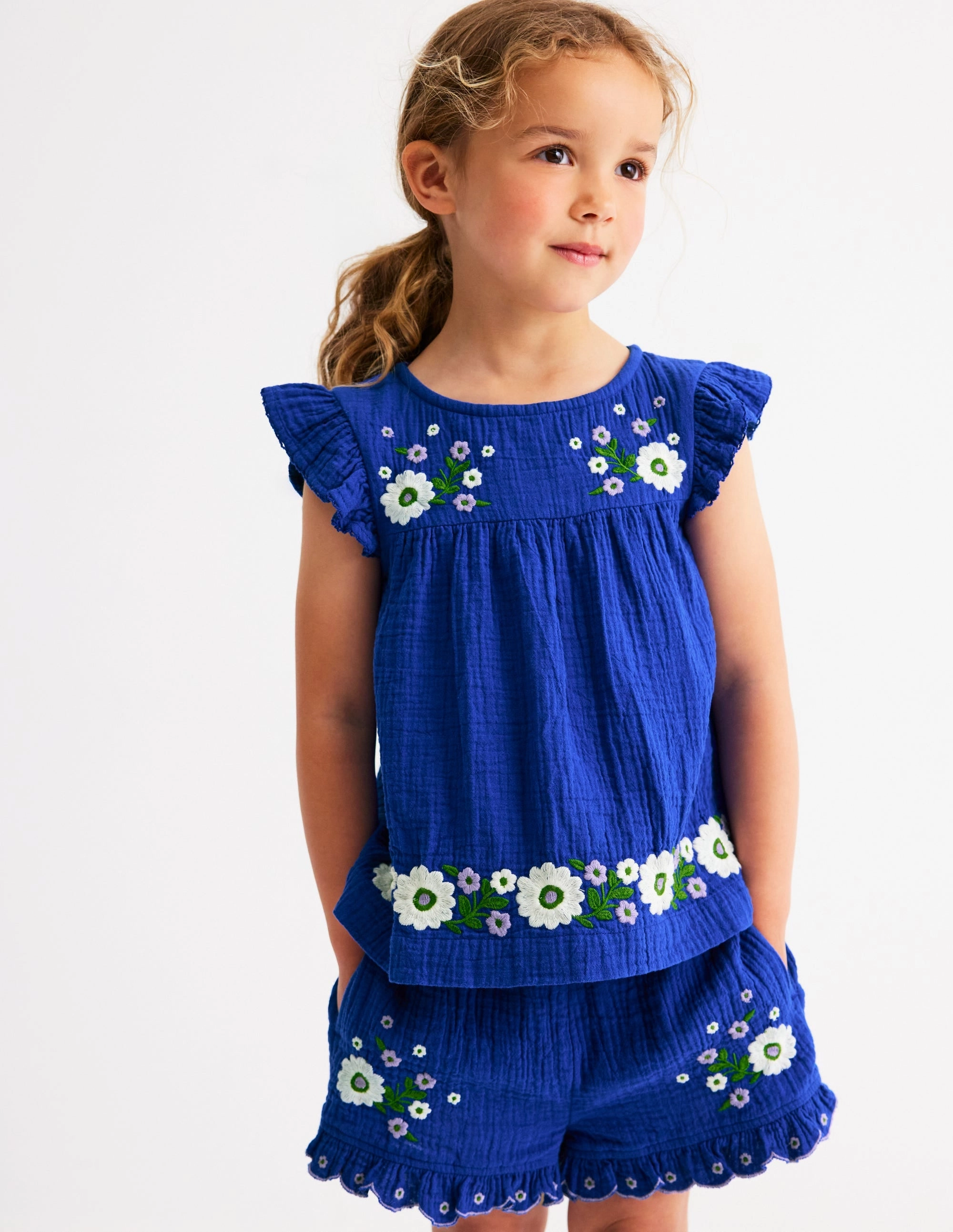 Casual Vibe Wear Fade Resistant Dye Double Cloth Frill Sleeve Top-Kingfisher Blue Embroidered