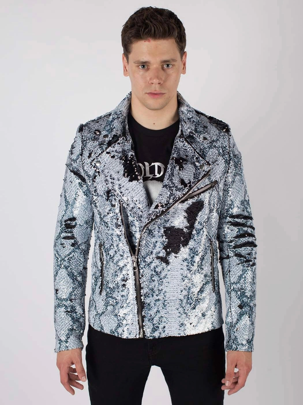 Checkered Fashion Shield Any Old Iron Men's Whitesnake Sequin Moto Jacket