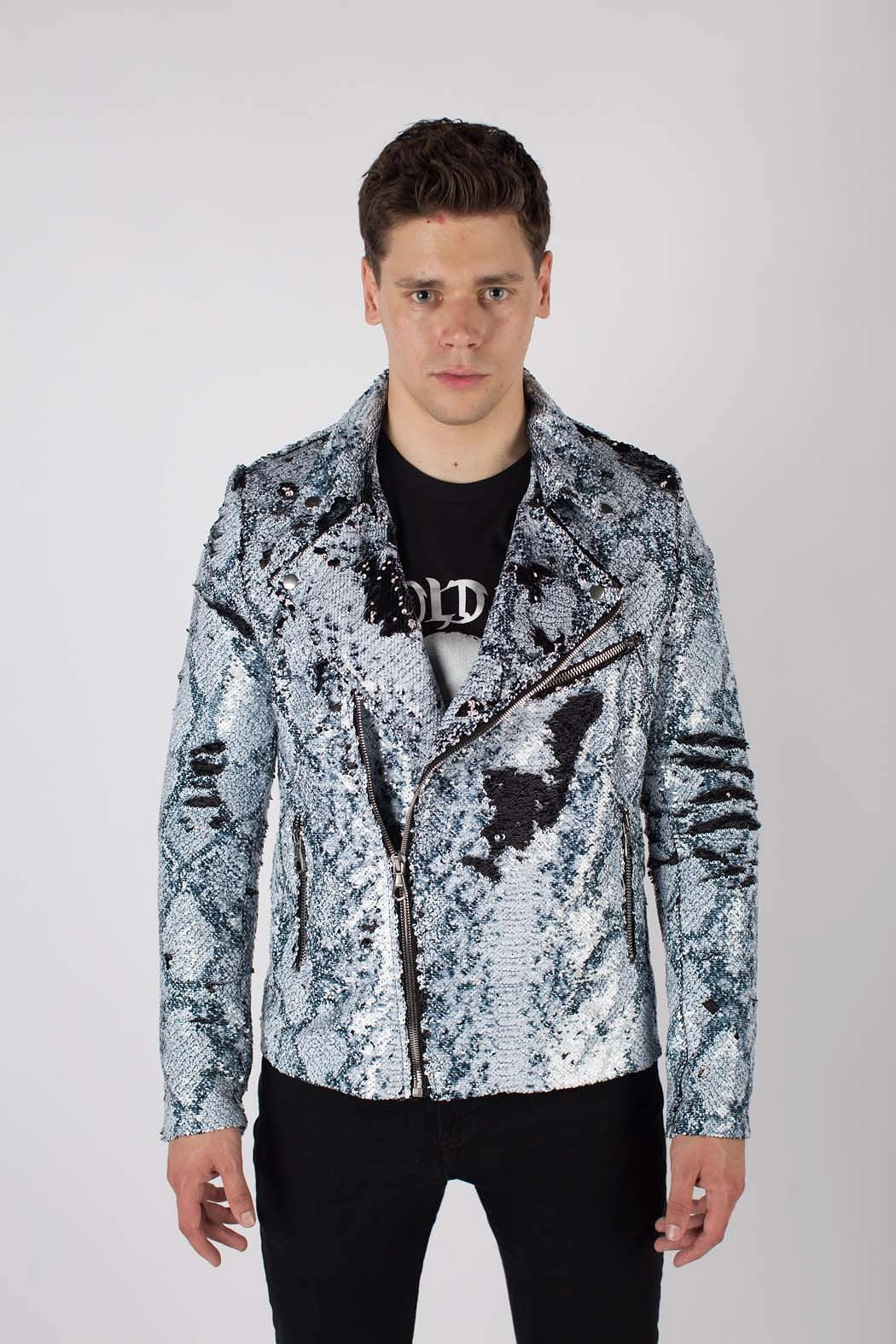 Hidden Zipper Closure suitable for school days Any Old Iron Men's Whitesnake Sequin Moto Jacket