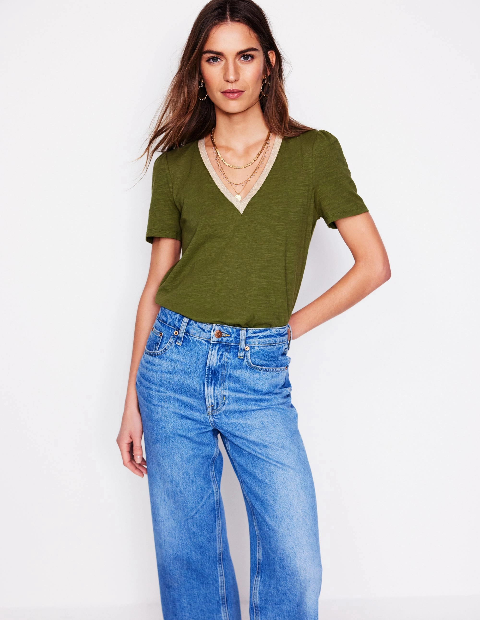 Metallic Trim V Neck T-shirt-Mayfly BioBased Fibers