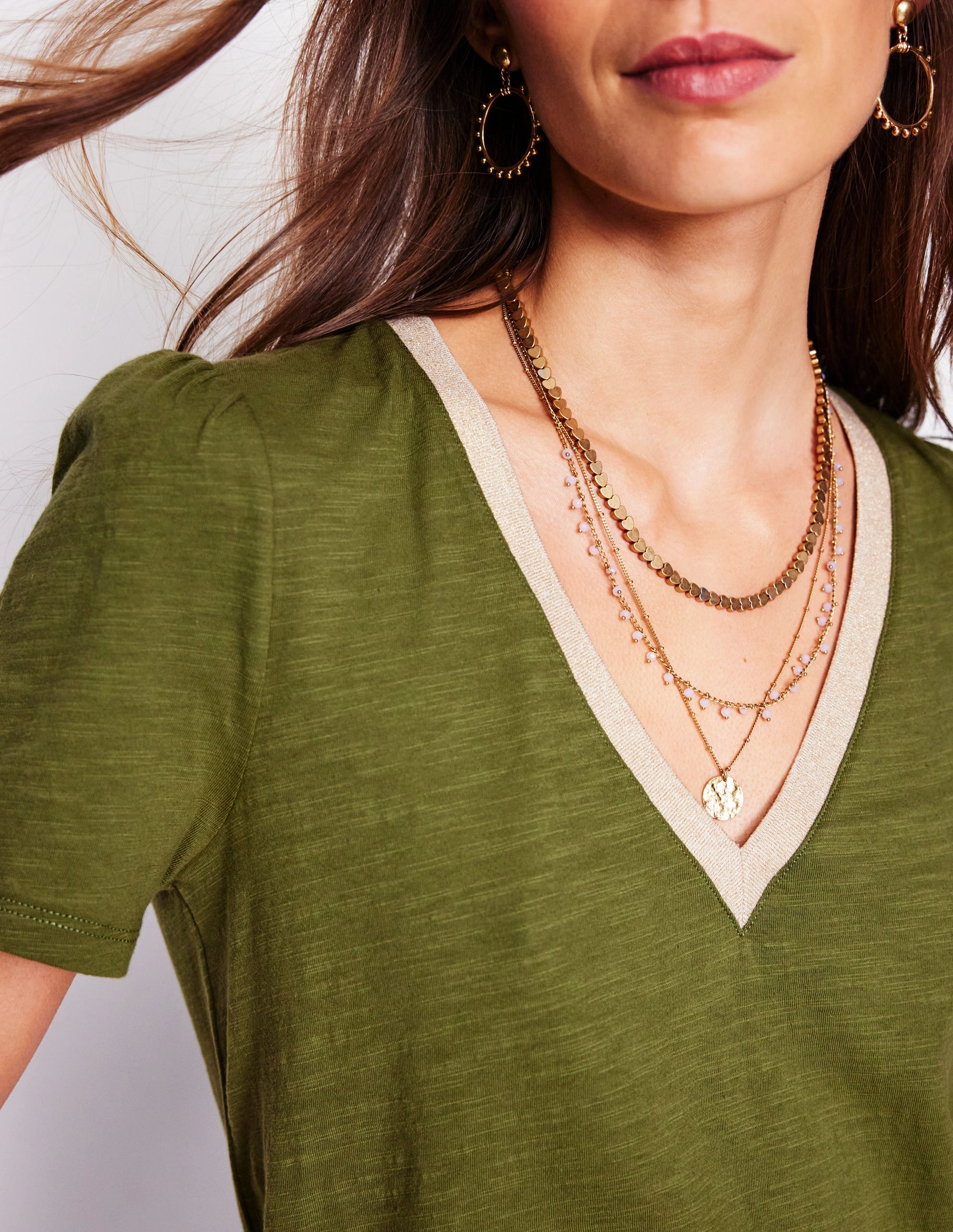 Timeless Comfort Wear Metallic Trim V Neck T-shirt-Mayfly