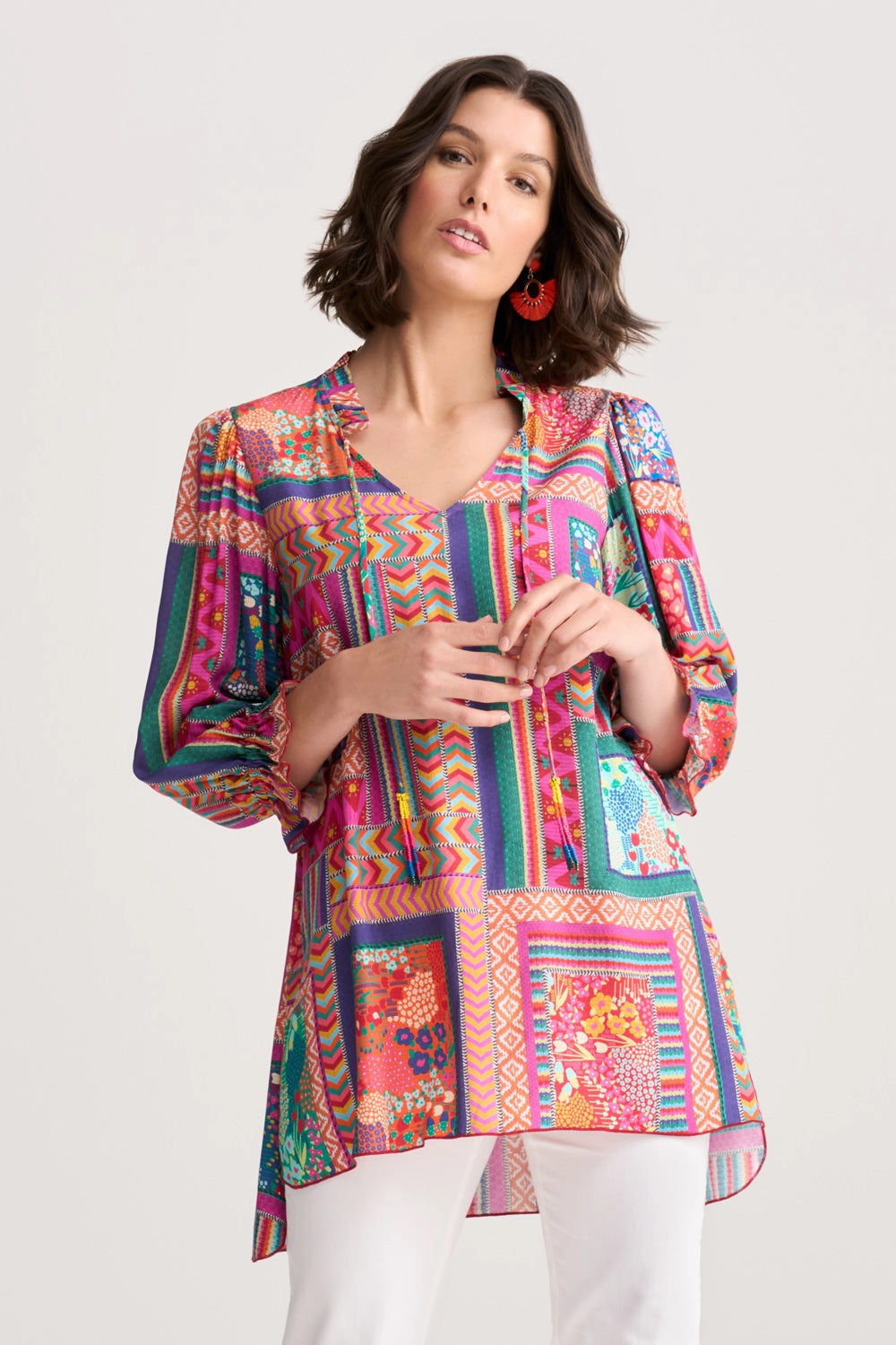 Sun Protection Fabric RaglanSleeve Beaded Tassel Kaftan - Tropical Patchwork