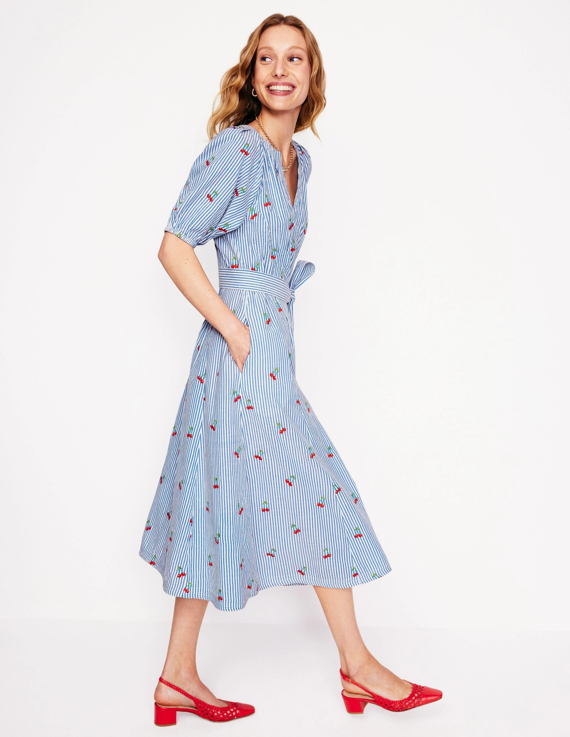 Bria Embroidered Midi Dress-Cherries Embroidery Drapey Fabric Outfit Boost