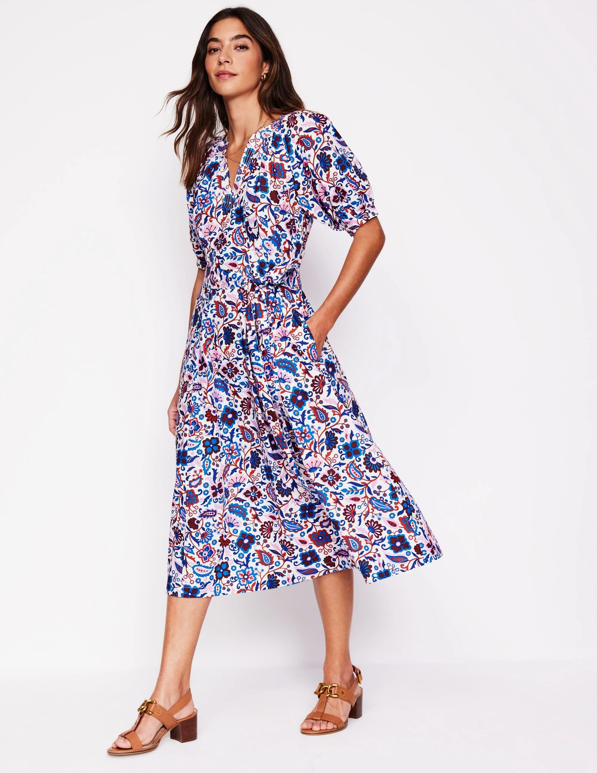 Fit for All Seasons Bria Puff Sleeve Midi Dress-Multi, Oriental Paradise