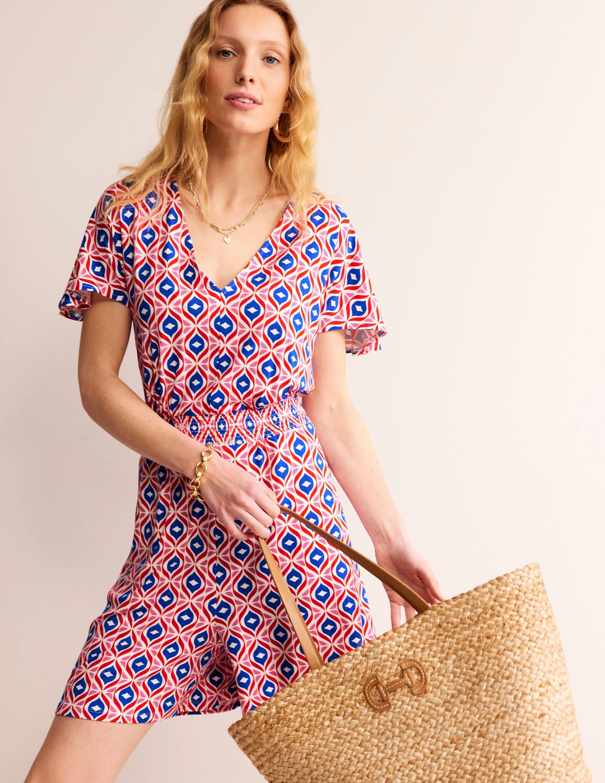 Smocked Jersey Playsuit-Rubicondo, Diamond Wave Airy Fabric