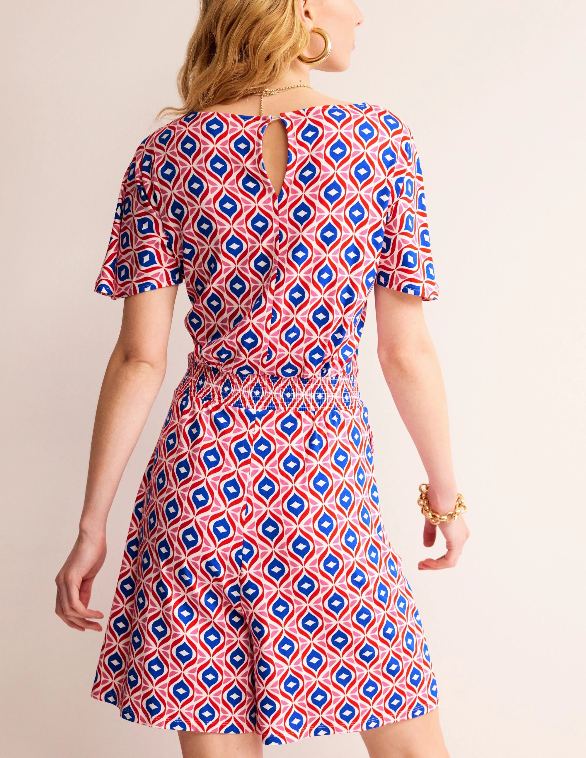 Perfect Layers Smocked Jersey Playsuit-Rubicondo, Diamond Wave