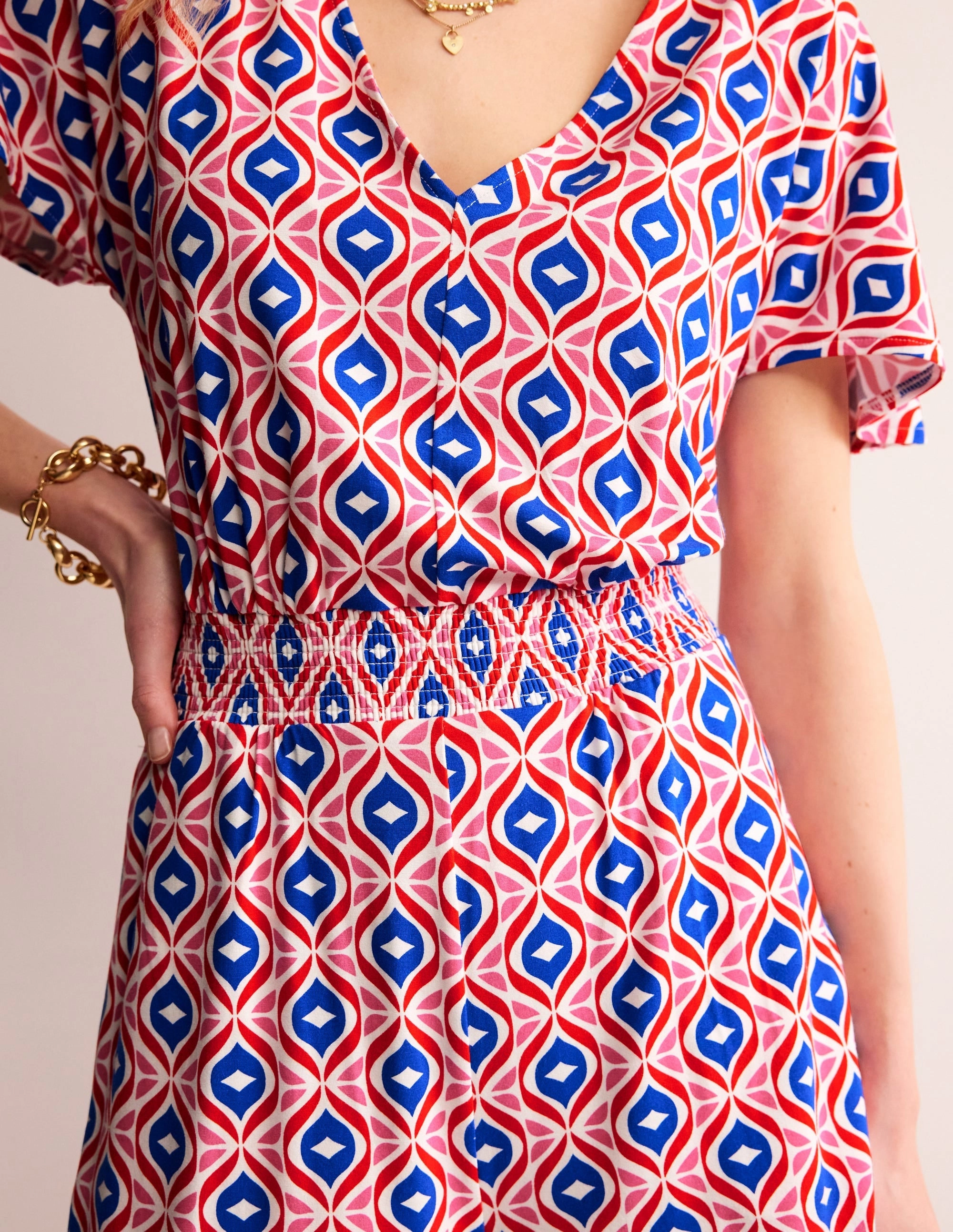 Smocked Jersey Playsuit-Rubicondo, Diamond Wave Mature Glam Chilly Comfort