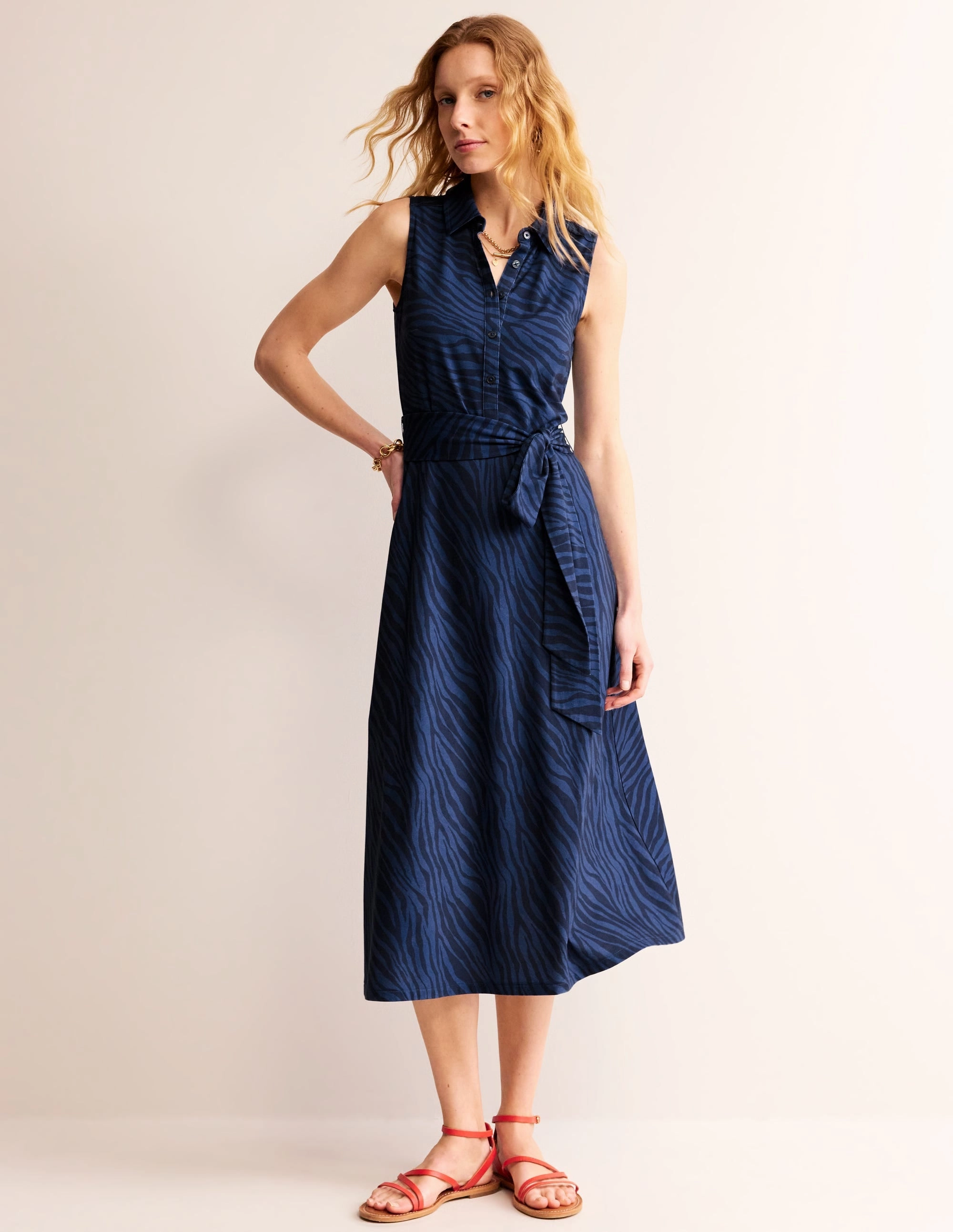 Laura Sleeveless Shirt Dress-True Navy, Animal Stripe Tailored Layers