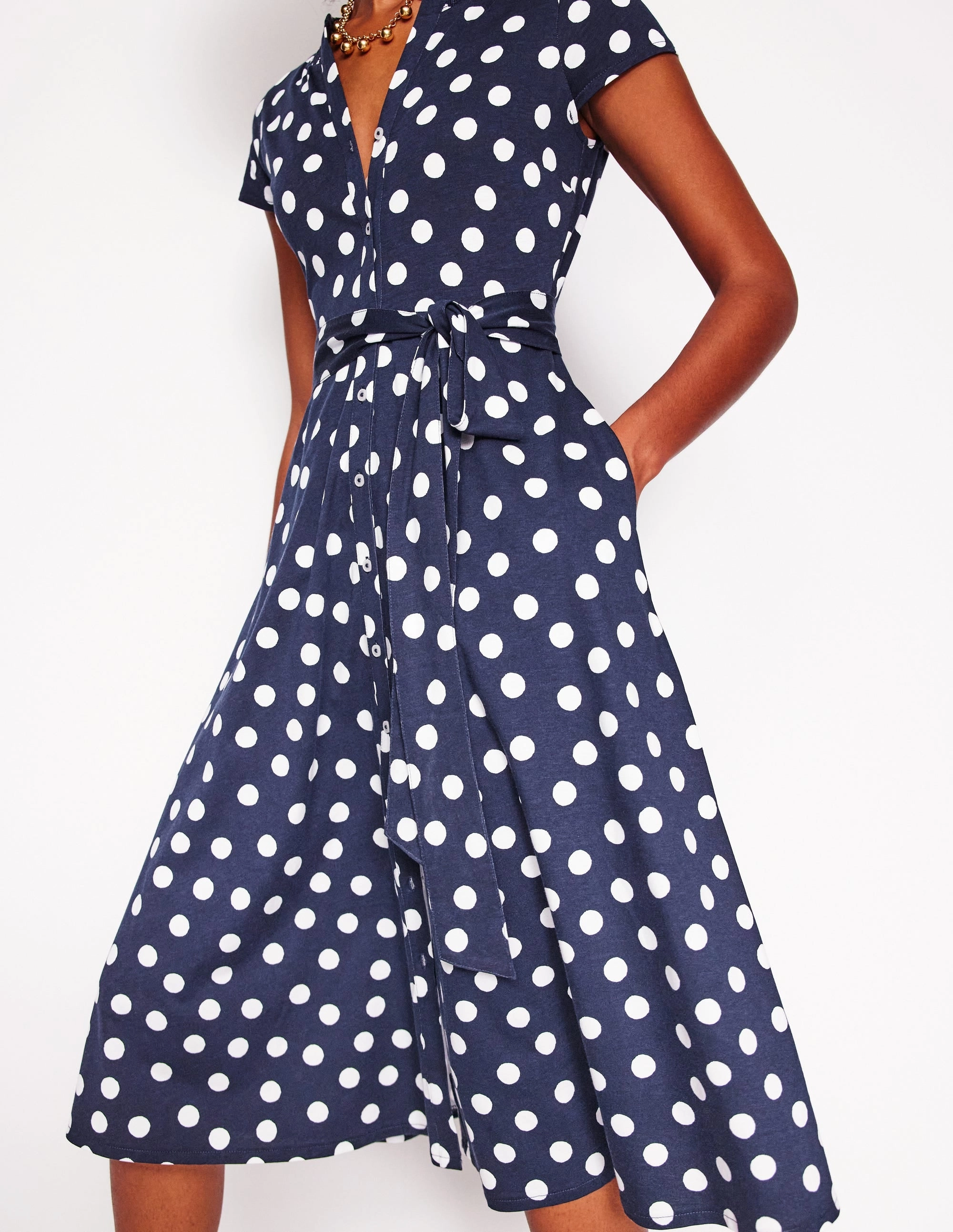 Calm Style Retro Mood Sara Jersey Shirt Dress-French Navy, Abstract Dot