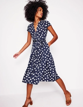 Flowy Texture Sara Jersey Shirt Dress-French Navy, Abstract Dot