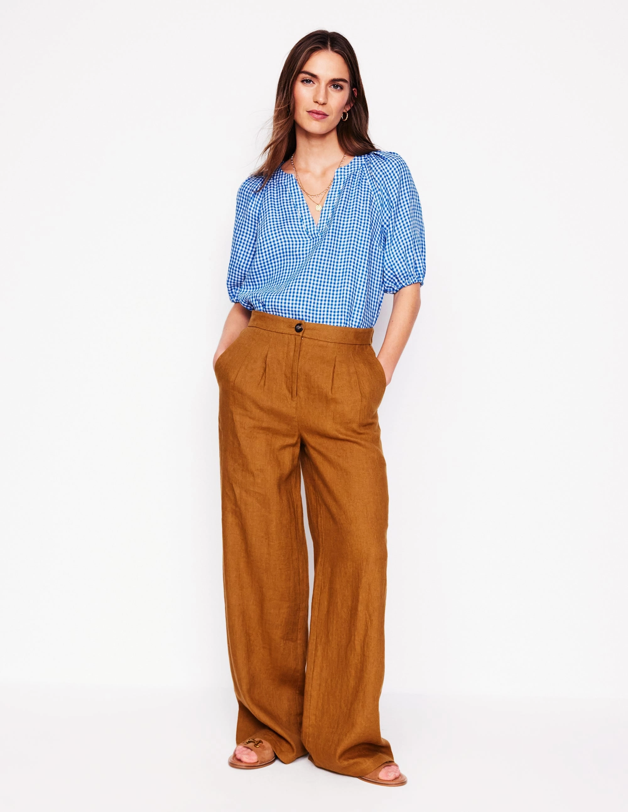 Weekend Smart Brooke Linen Top-Kingfisher Blue Micro Gingham