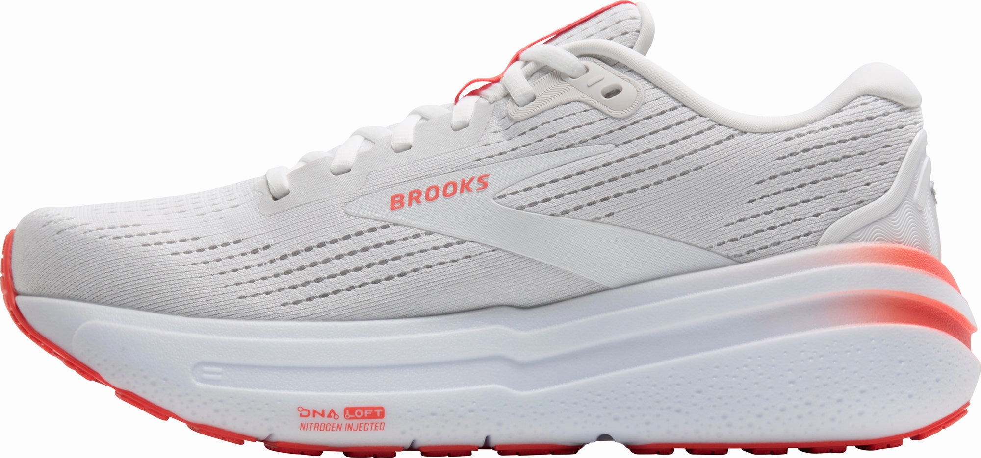 Brooks Ghost Max 2 Womens Running Shoes - White running in a park trail