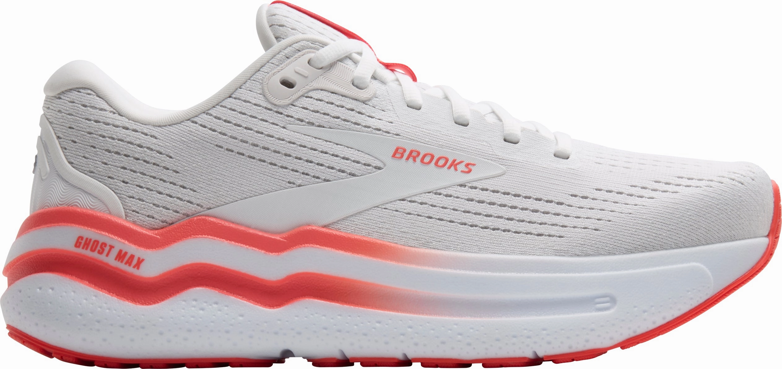 Brooks Ghost Max 2 Womens Running Shoes - White running in a coastal area
