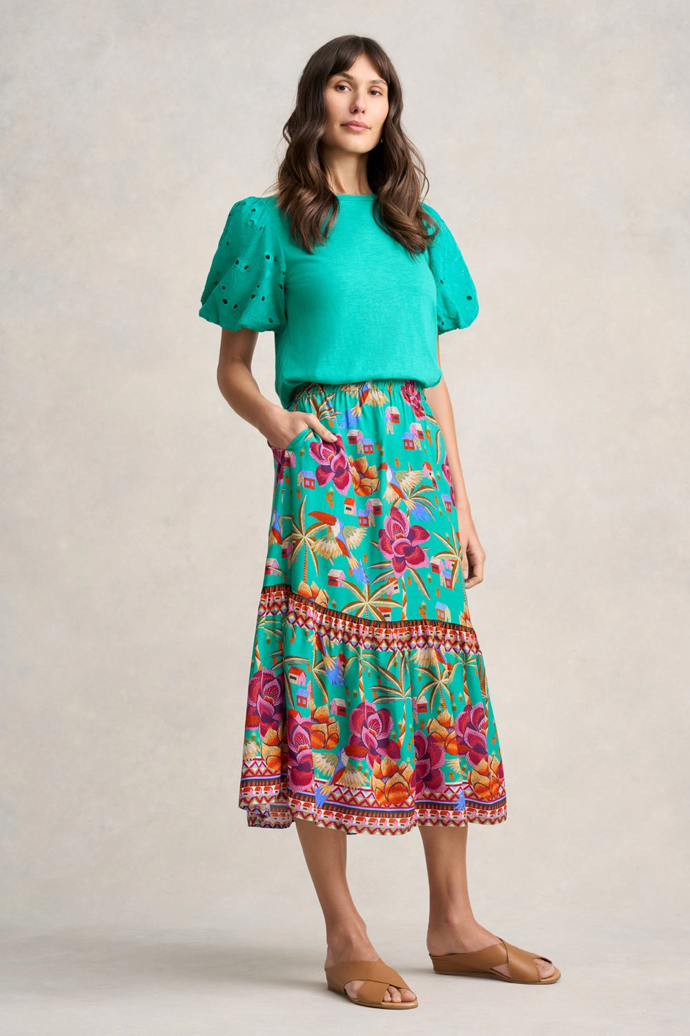 Double Needle Hemming Buttery Soft Feel Broderie Sleeve Cotton T-Shirt - Viridian