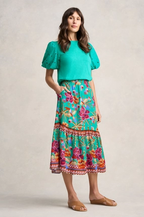 Double Needle Hemming Buttery Soft Feel Broderie Sleeve Cotton T-Shirt - Viridian