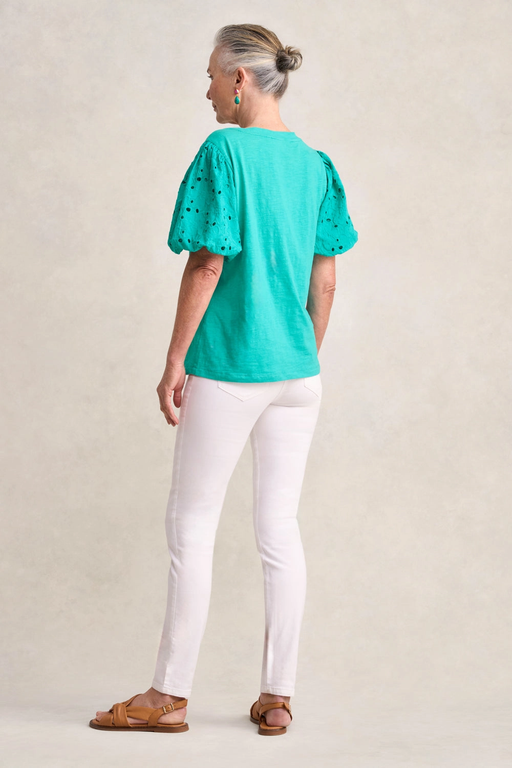 Broderie Sleeve Cotton T-Shirt - Viridian LightweightMaterial