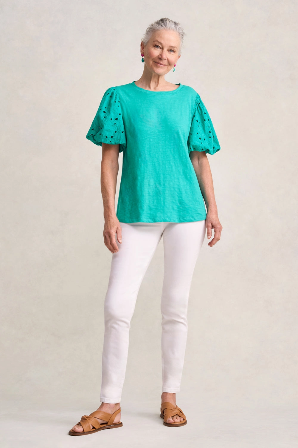 Broderie Sleeve Cotton T-Shirt - Viridian Double Layered Hem
