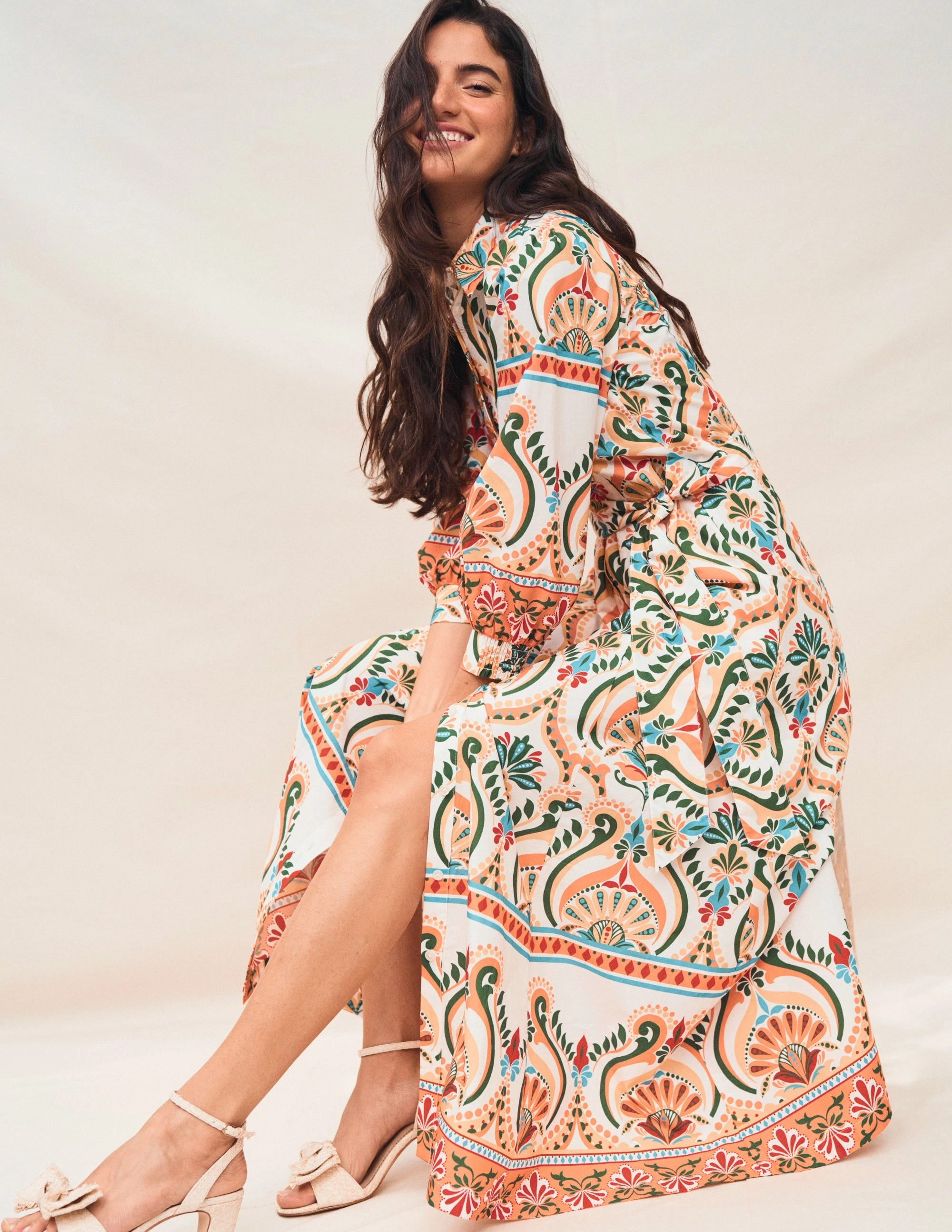 Sleek Look Front-Zip Clara Cotton Shirt Dress-Multi, Ornamental Floral