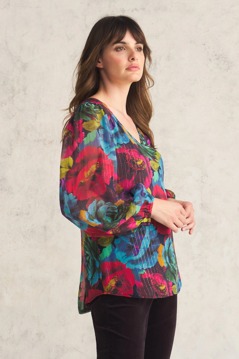 Printed Lurex Stripe Blouse - Oversized Floral Seamless Knit Design