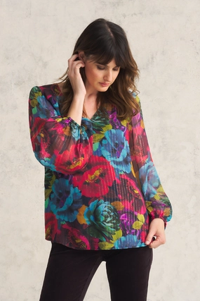 Printed Lurex Stripe Blouse - Oversized Floral Double Stitched Seams Ventilated Side Panels