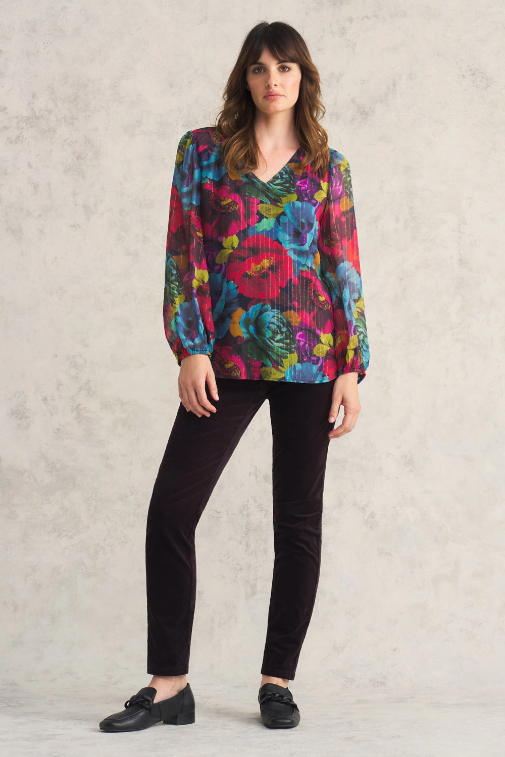 Printed Lurex Stripe Blouse - Oversized Floral OversizedFit Sheer Overlay Material