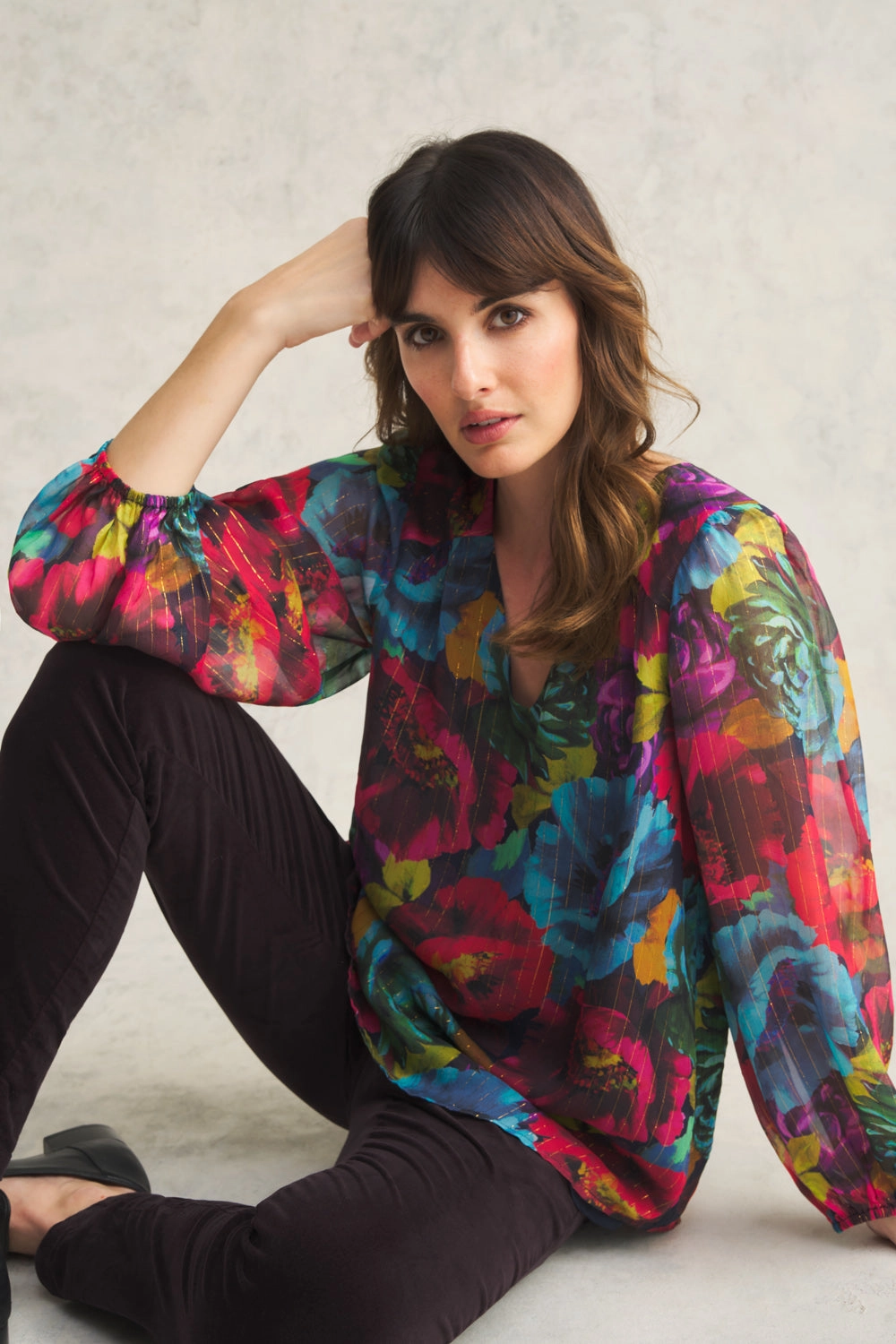 AllDaySoftness Printed Lurex Stripe Blouse - Oversized Floral