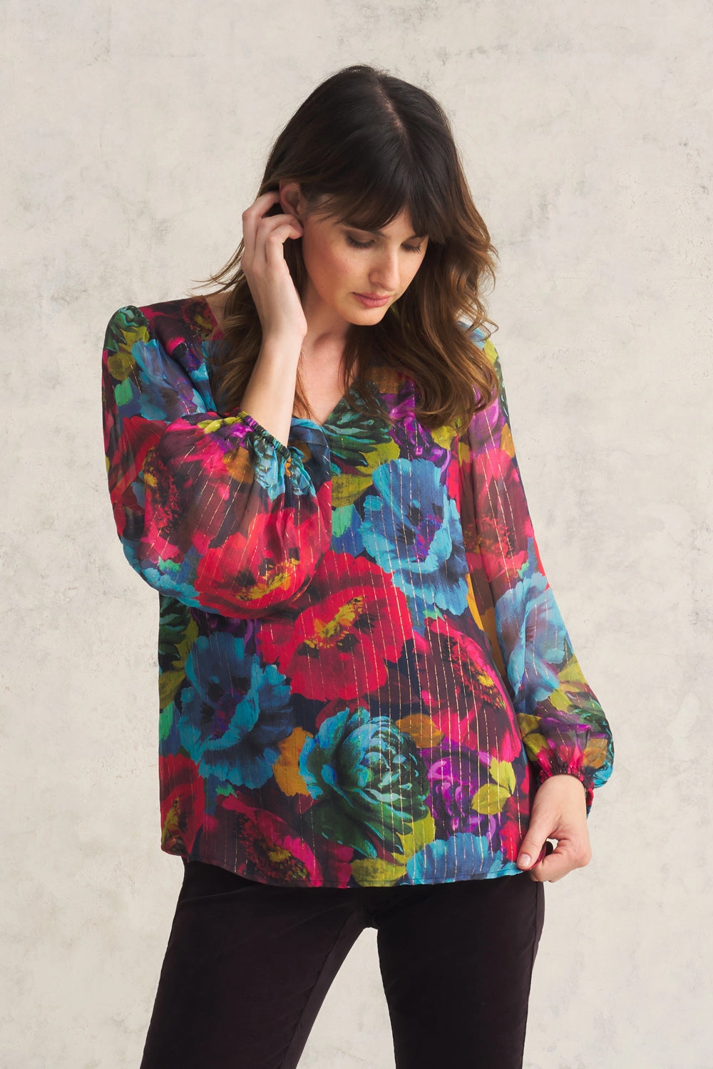 Printed Lurex Stripe Blouse - Oversized Floral Double Stitched Seams Ventilated Side Panels